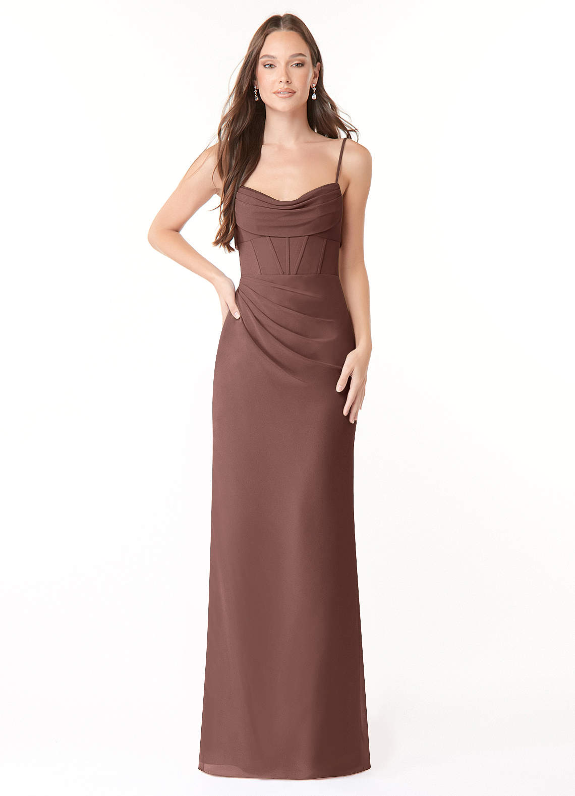 Azazie Mai Bridesmaid Dresses Espresso Sheath Pleated Chiffon Dress image1