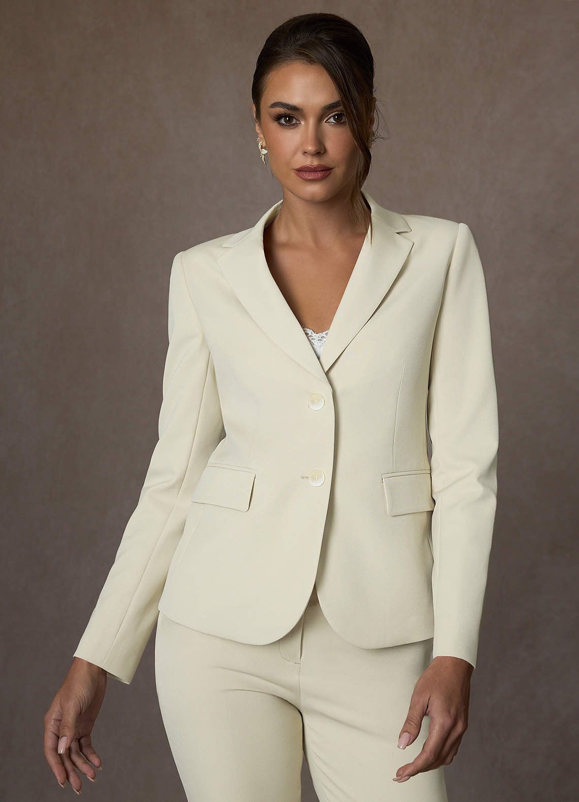 front Victoria Ivory Refined Weave Full Length Pants Suit