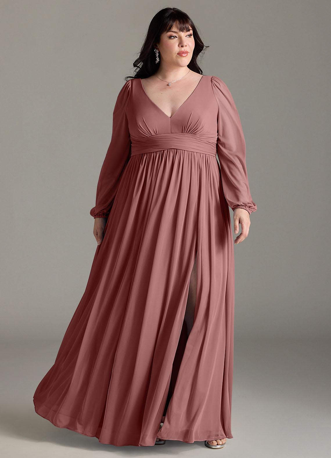 Azazie Norah Bridesmaid Dresses Desert Rose A-Line V-Neck Long Sleeve Chiffon Dress image1
