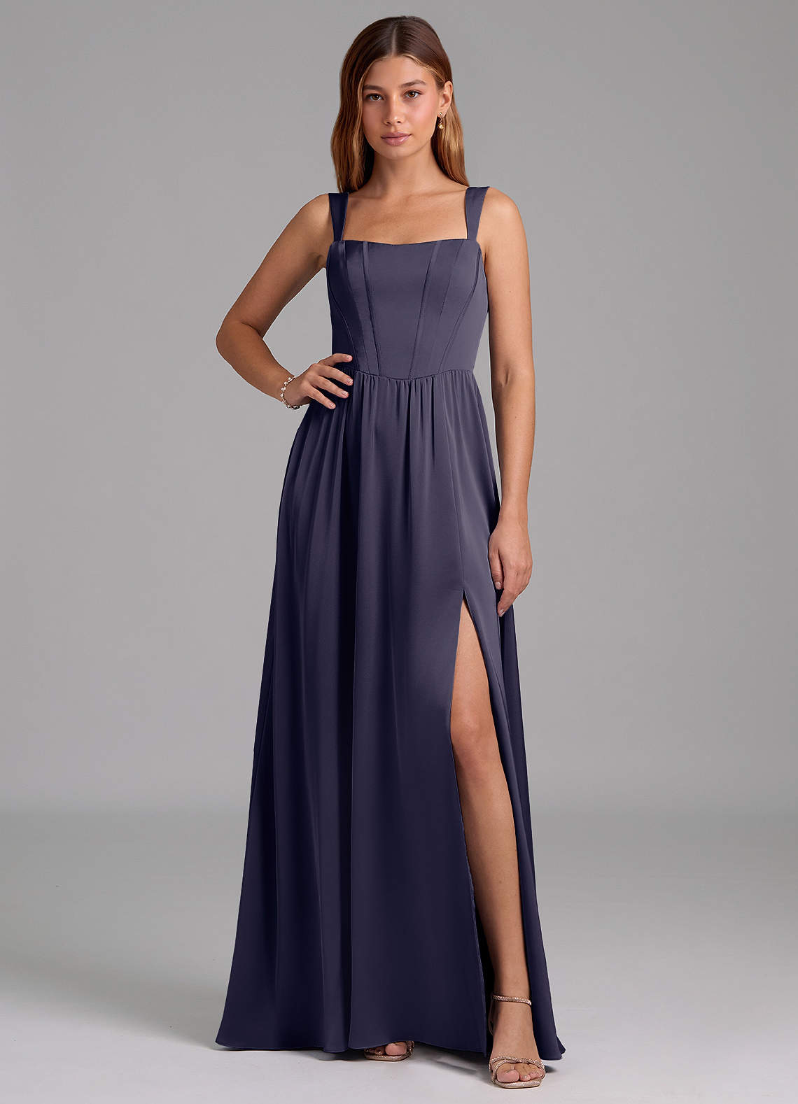 Azazie Rosaline Bridesmaid Dresses Stormy A-Line Side Slit Stretch Satin Dress image1