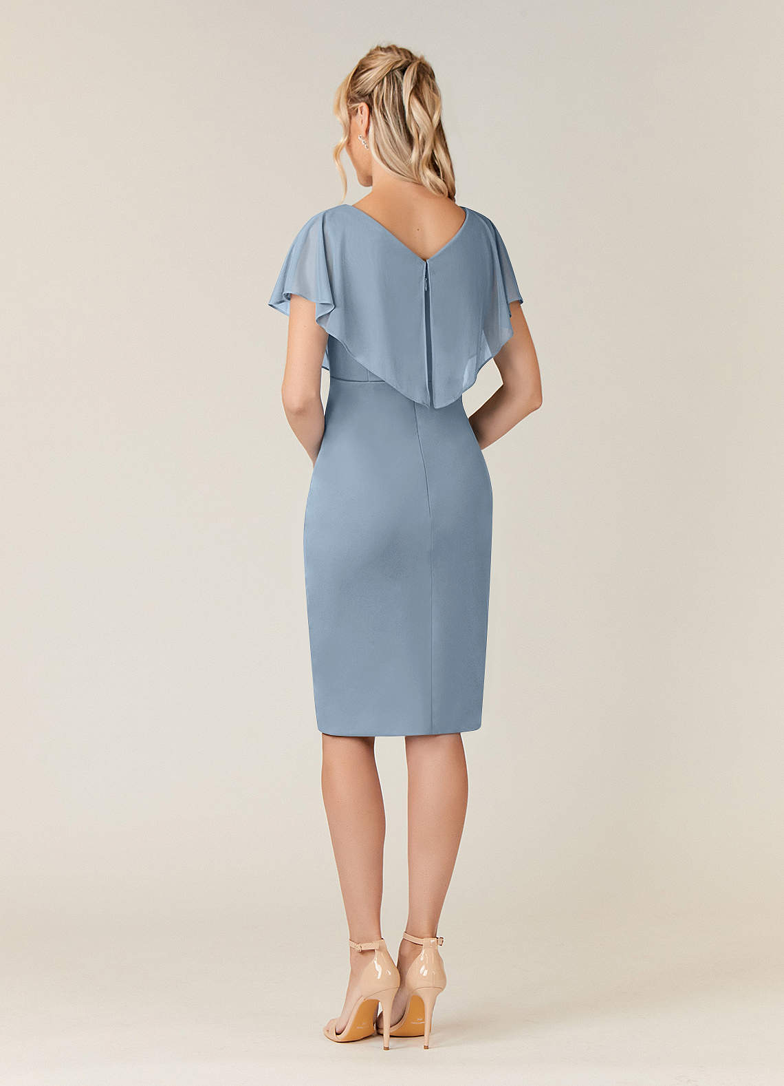 Azazie Waverly At-home Try On Dresses Dusty Blue Sheath Pleated Mesh Dress image3