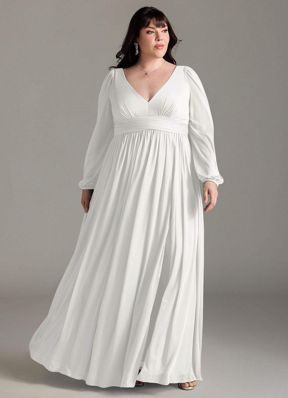 Azazie Norah Vestidos de madrinha de casamento Vestido Branco de Chiffon de Linha A com Manga comprida image5