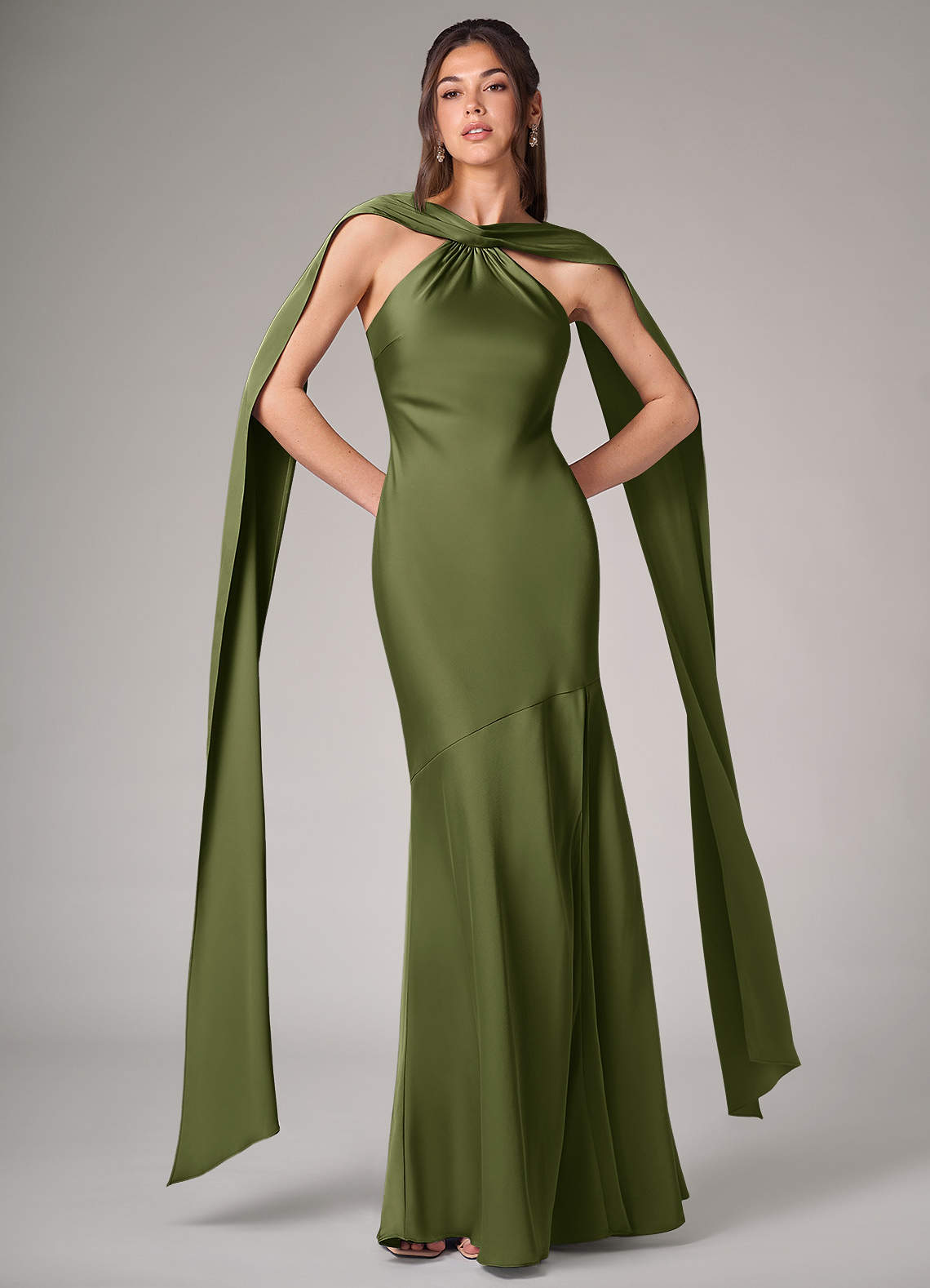 Azazie Kinsley Bridesmaid Dresses Olive Mermaid Side Slit Stretch Satin Dress image1