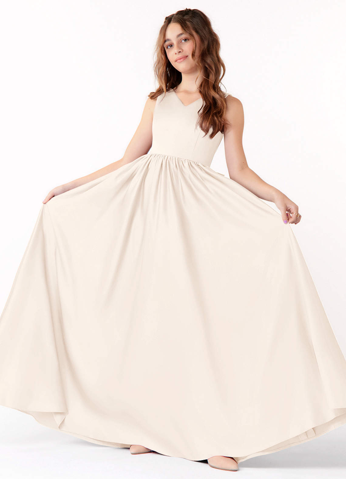 Azazie Hathaway Junior White Alabaster A-Line Bow Matte Satin Dress image1