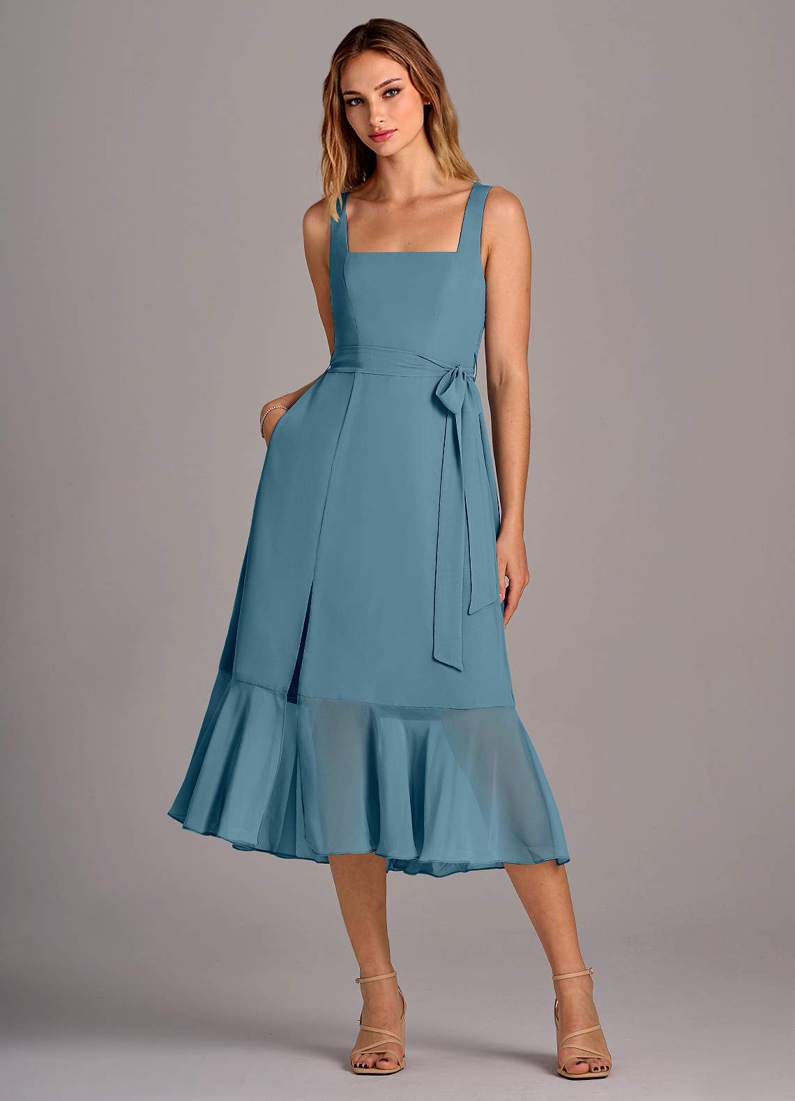 Azazie Deb Bridesmaid Dresses Bermuda A-Line with Pockets Chiffon Convertible Dress image1