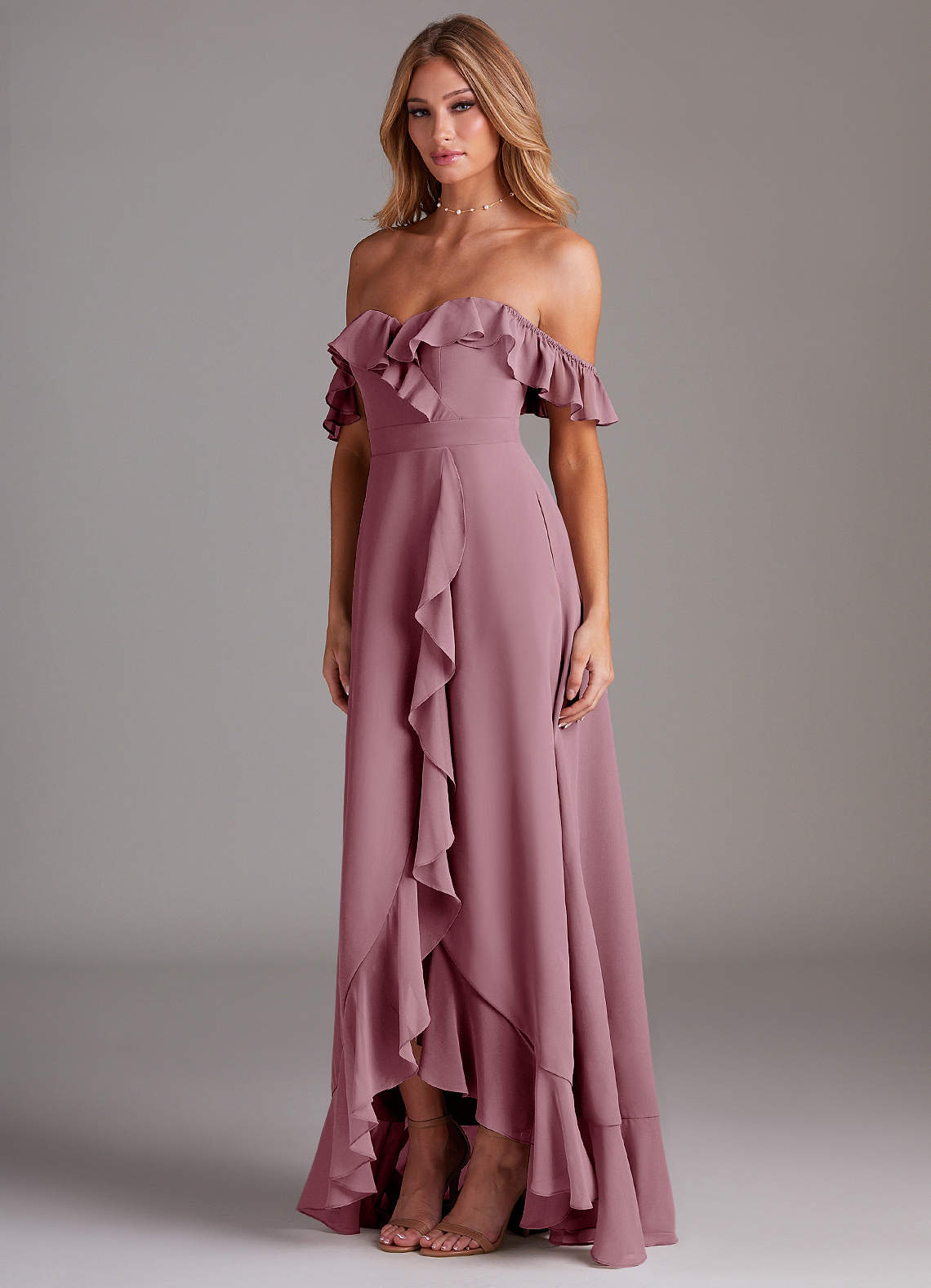 mauve convertible bridesmaid dress Zapakasa Women Vintage Mauve Tulle A-Line Long Bridesmaid Dress Purple  V-Neck Wedding Guest Dress with Sleeves main image 0
