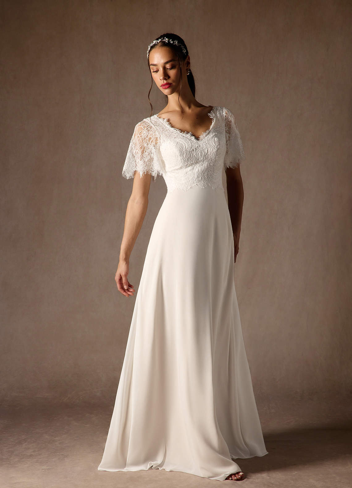 Azazie Veradis Diamond White Champagne A-Line V-Neck lace Chiffon