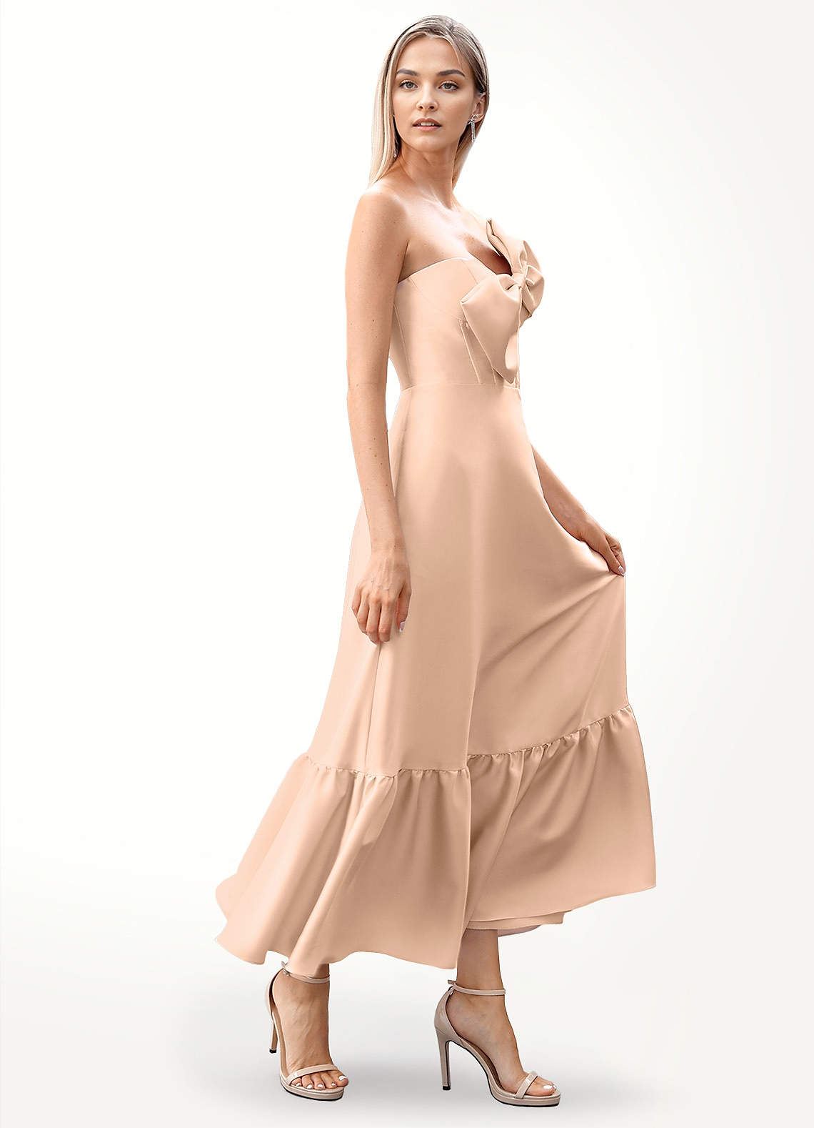 Alysha blush pink bow tie midi dress atelier dresses azazie