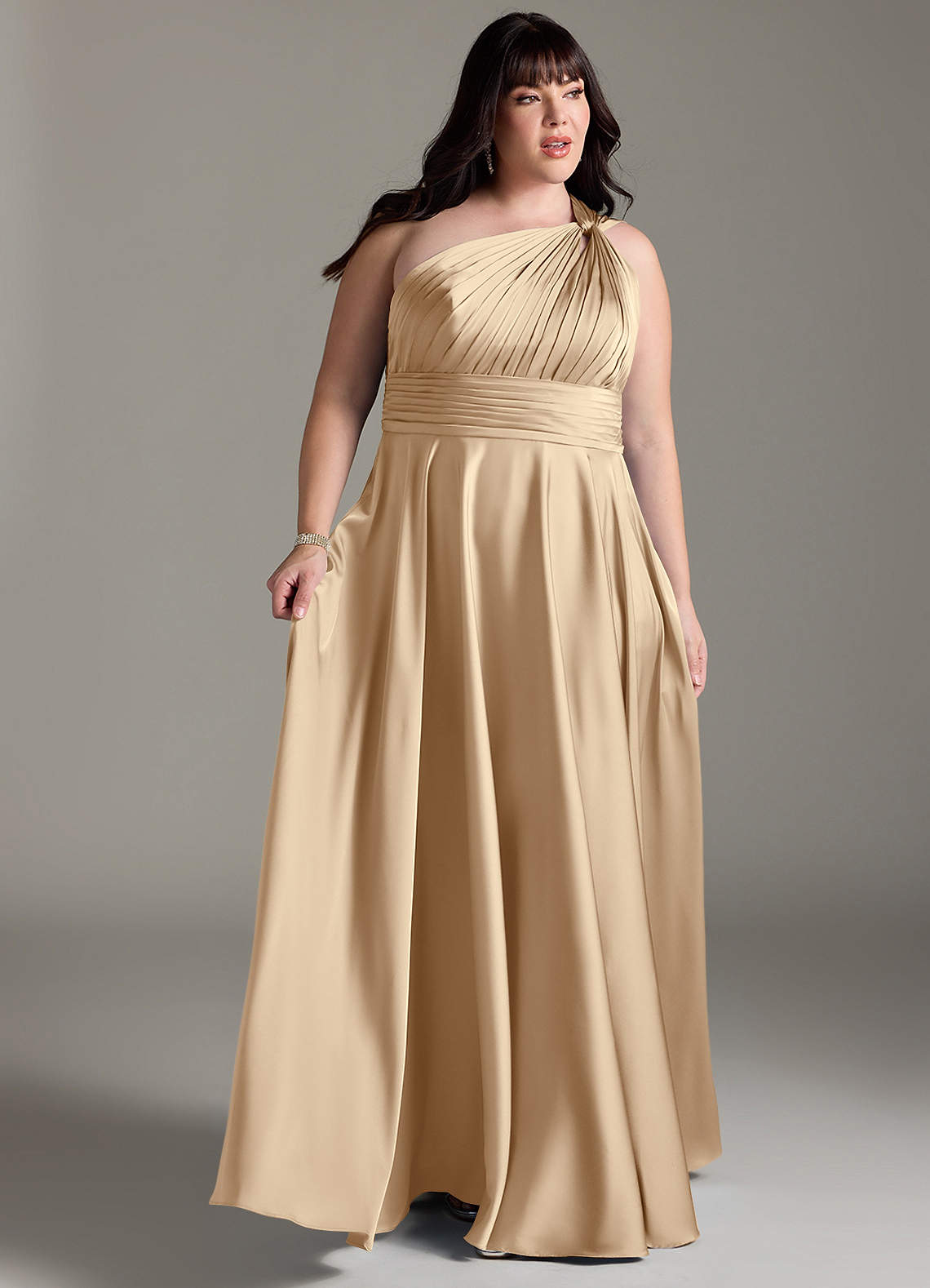Azazie Charlize Bridesmaid Dresses Champagne A-Line One Shoulder Stretch Satin Dress image10