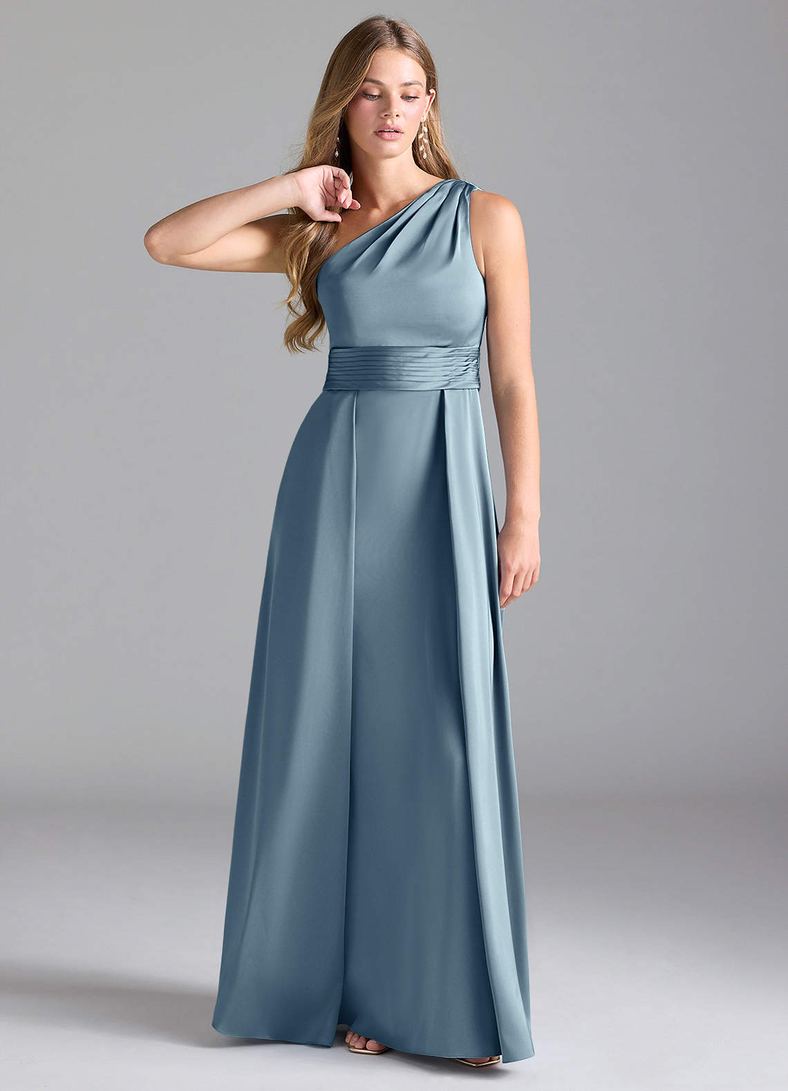 Azazie Dallas Jurken voor bruidsmeisjes Jurk van Stretch Satijn met A-Lijn One-Shoulder Stoffig Blauw image1