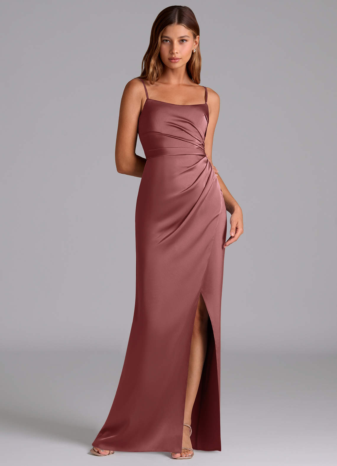 Azazie Calandra Suknie dla druhen Linia A Pofałdowany Satyna elastyczna Do ziemi Sukienka image1