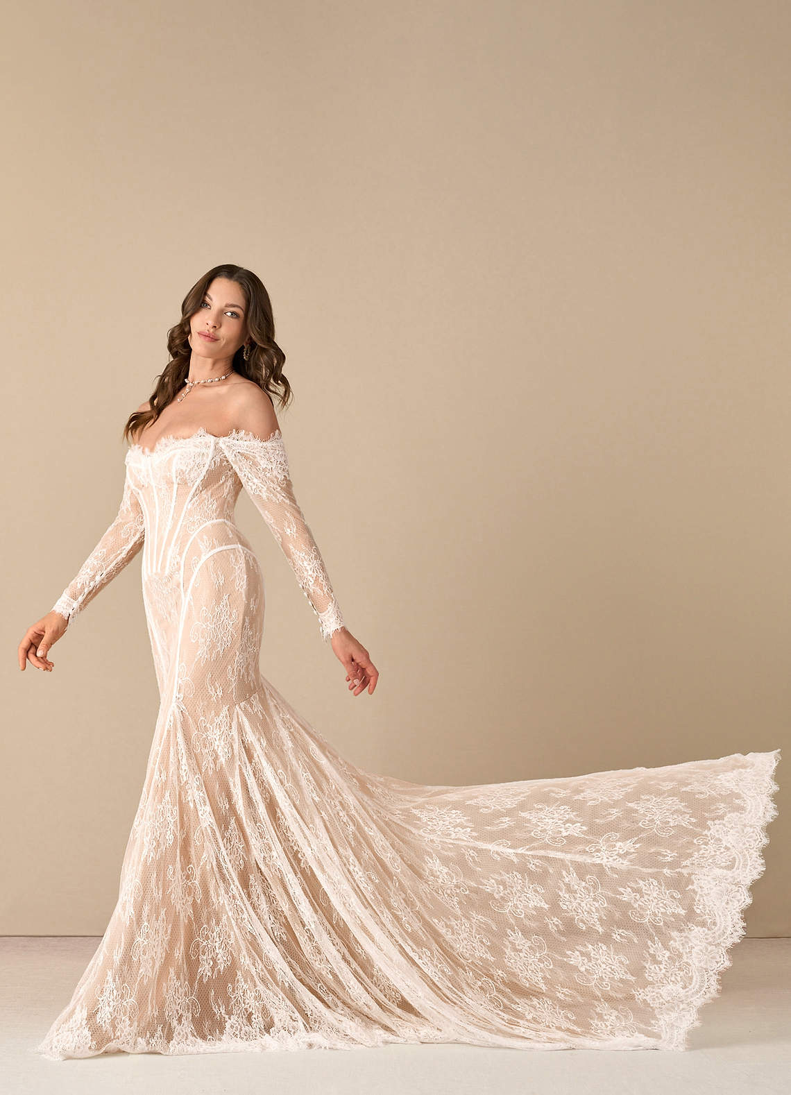 Azazie Katherine Wedding Dresses Diamond White Nude Mermaid Off the Shoulder Tulle Dress image1