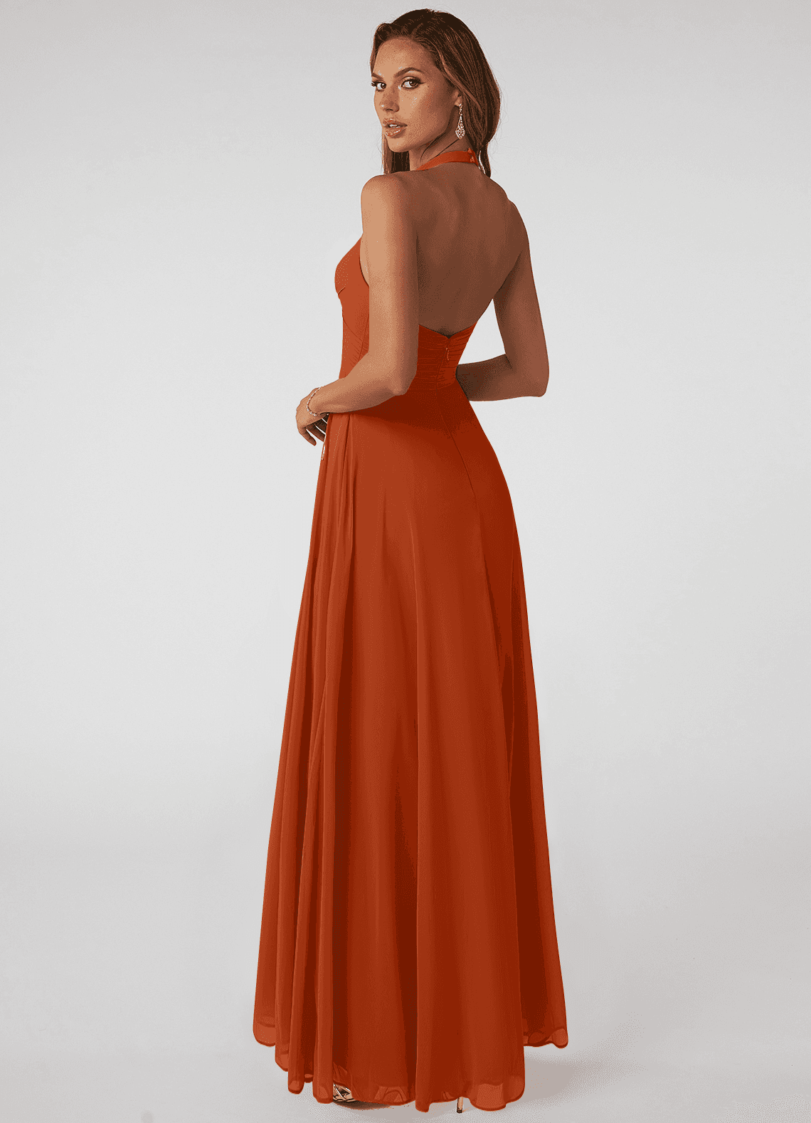 Azazie Tessie Vestidos de damas de honor Vestido de Naranja Quemada de Gasa de Corte en A con Cuello en V plisado image1