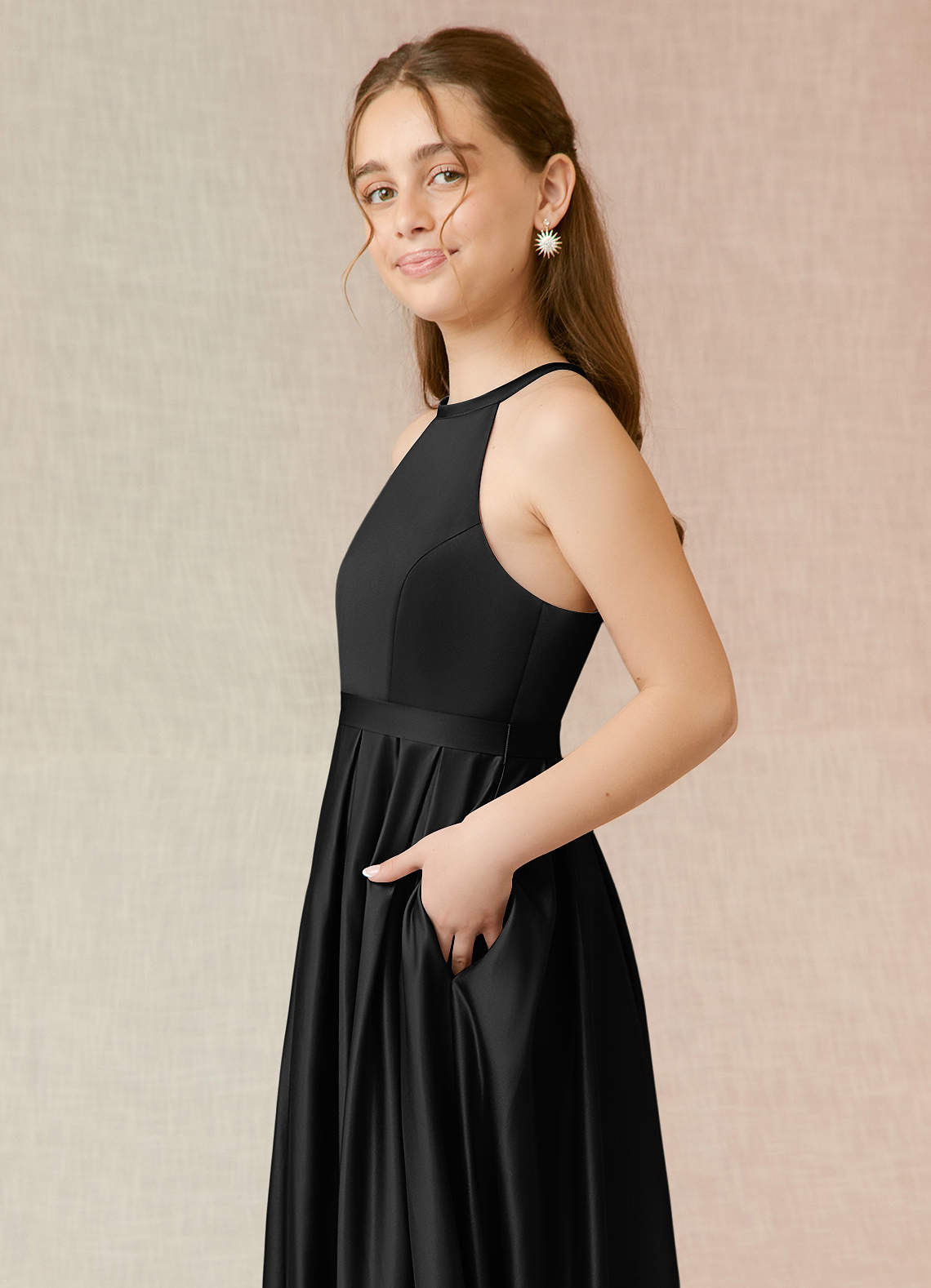 Azazie Arianthe Junior Black A-Line with Pockets Matte Satin Dress image5