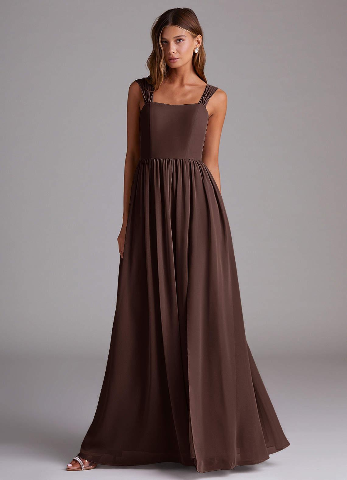 Azazie Calianna Vestidos de madrinha de casamento Vestido Ganache de Chiffon de Linha A com Fora do ombro image3