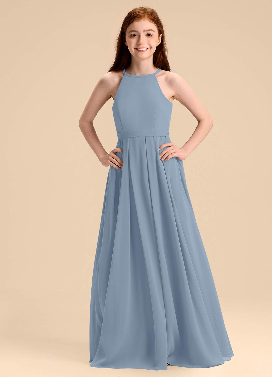 Azazie Arianthe Junior Dusty Blue A-Line Pleated Chiffon Dress image1