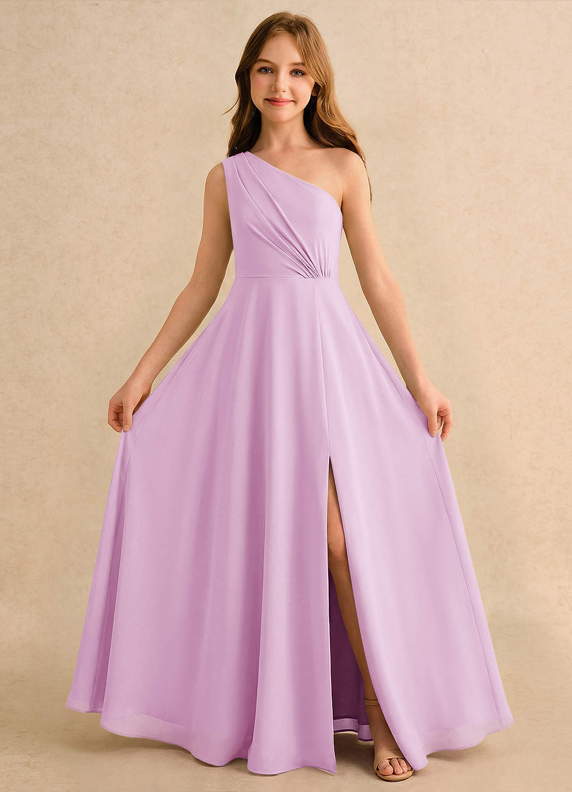 Azazie Puddles Girls Formal Robe Demoiselle D'honneur Fillette Robe Trapèze en Mousseline de soie Une épaule Rose Bonbon image4