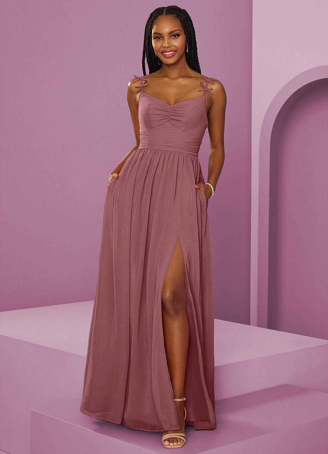 Barbie ♥ Azazie Bridesmaid Dresses Desert Rose A-Line Pleated Chiffon Dress image1