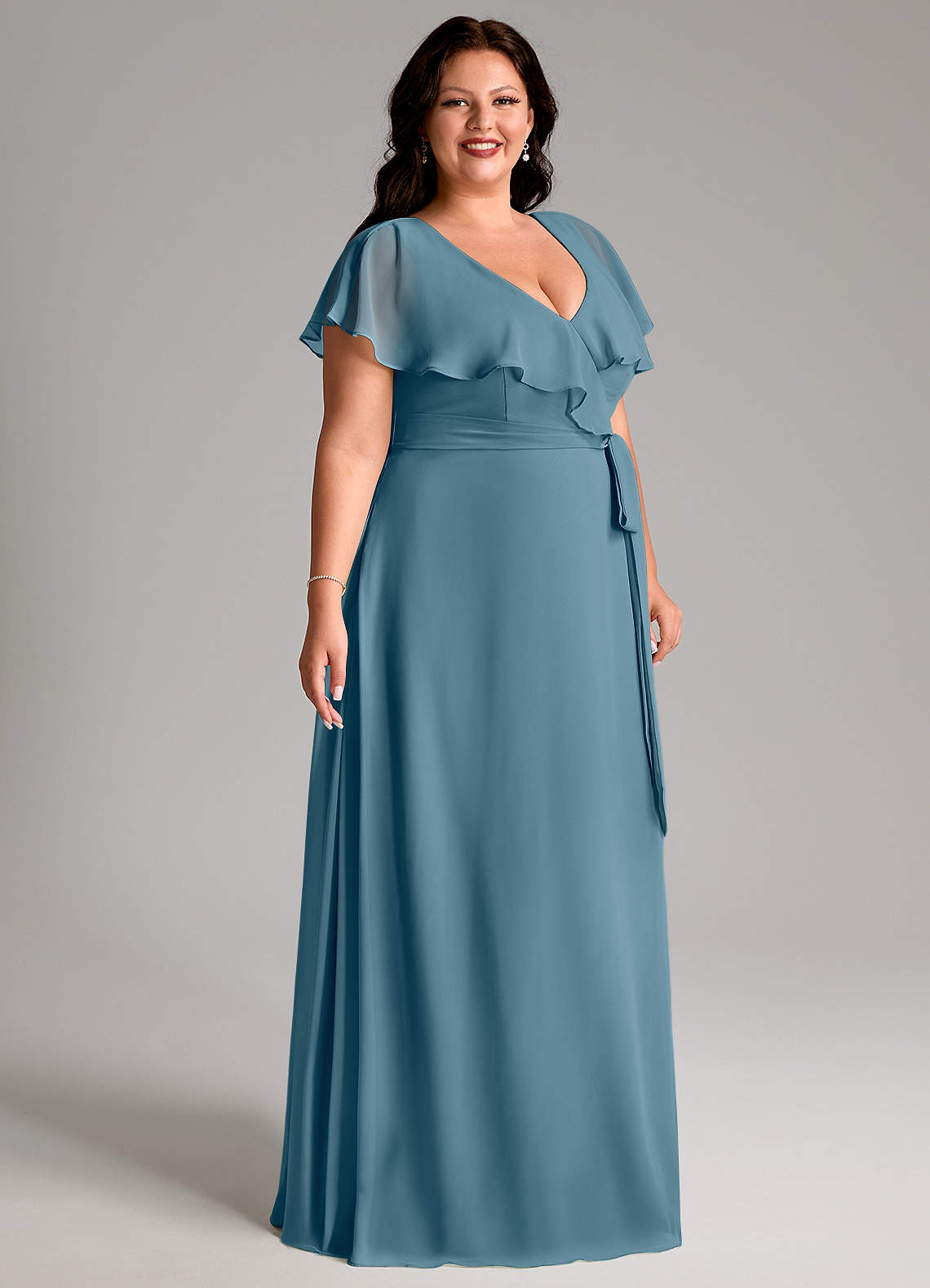 Azazie Lainey At-home Try On Dresses Dusty Sage A-Line with Pockets Chiffon Dress image10