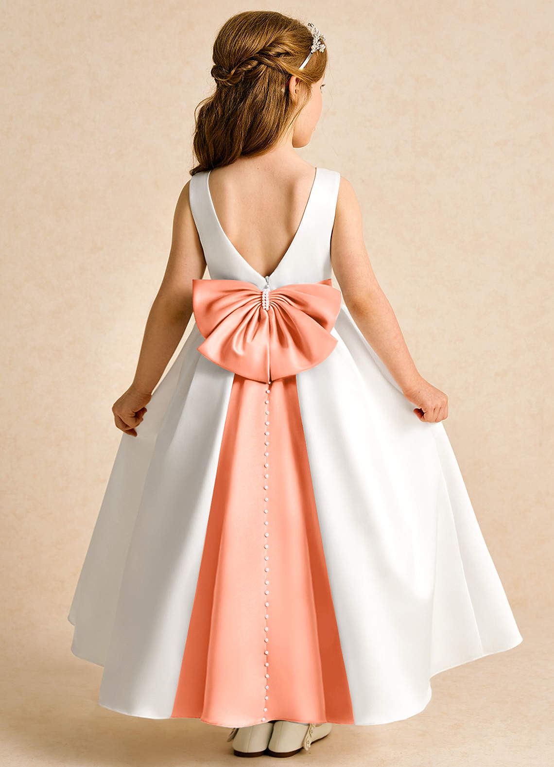 Azazie Cherry Flower Girl Dresses Ivory Sunset Ball-Gown Pleated Matte Satin Dress image1