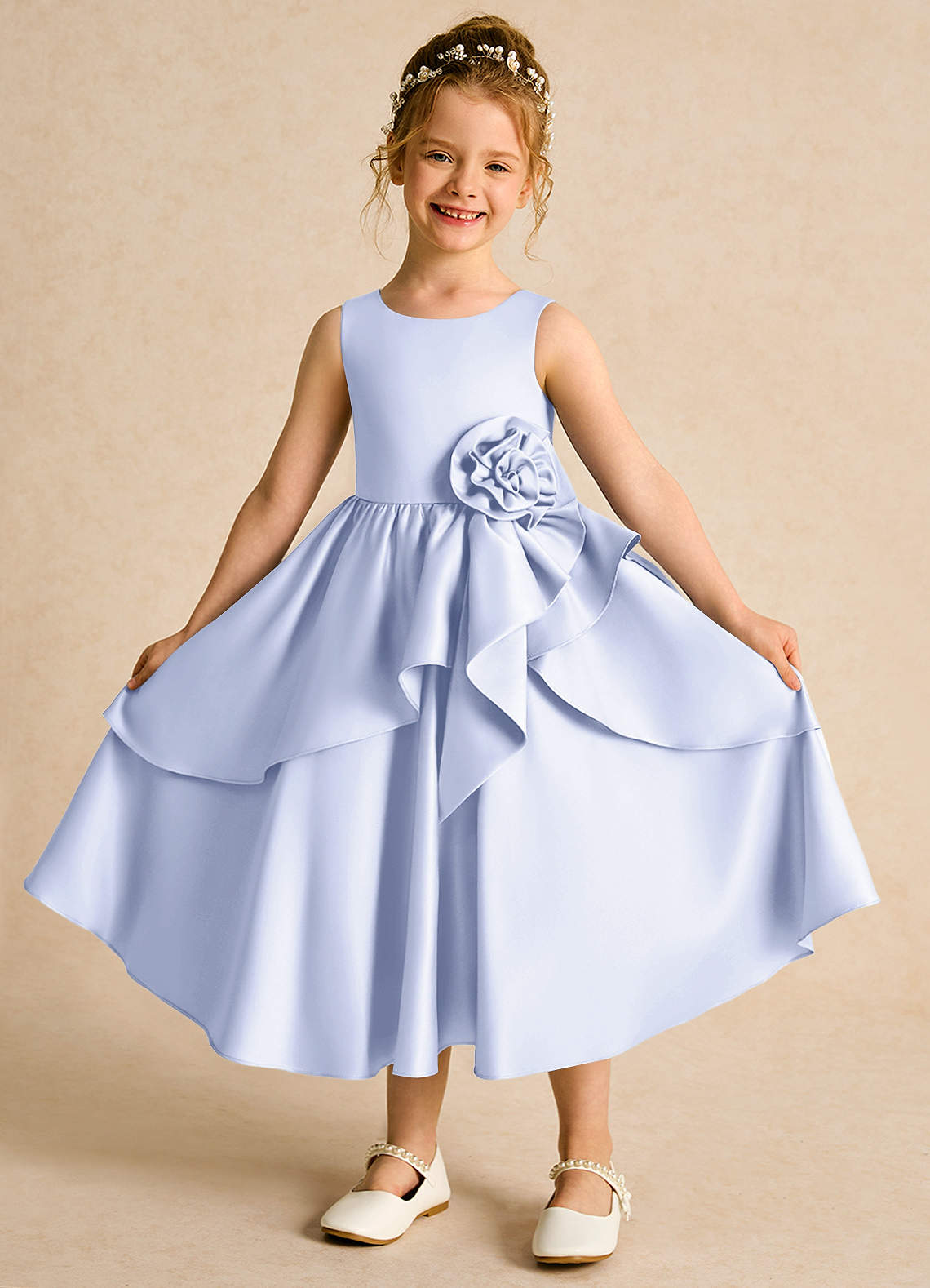 Azazie Hermia Flower Girl Dresses Lavender A-Line Sleeveless Matte Satin Dress image1