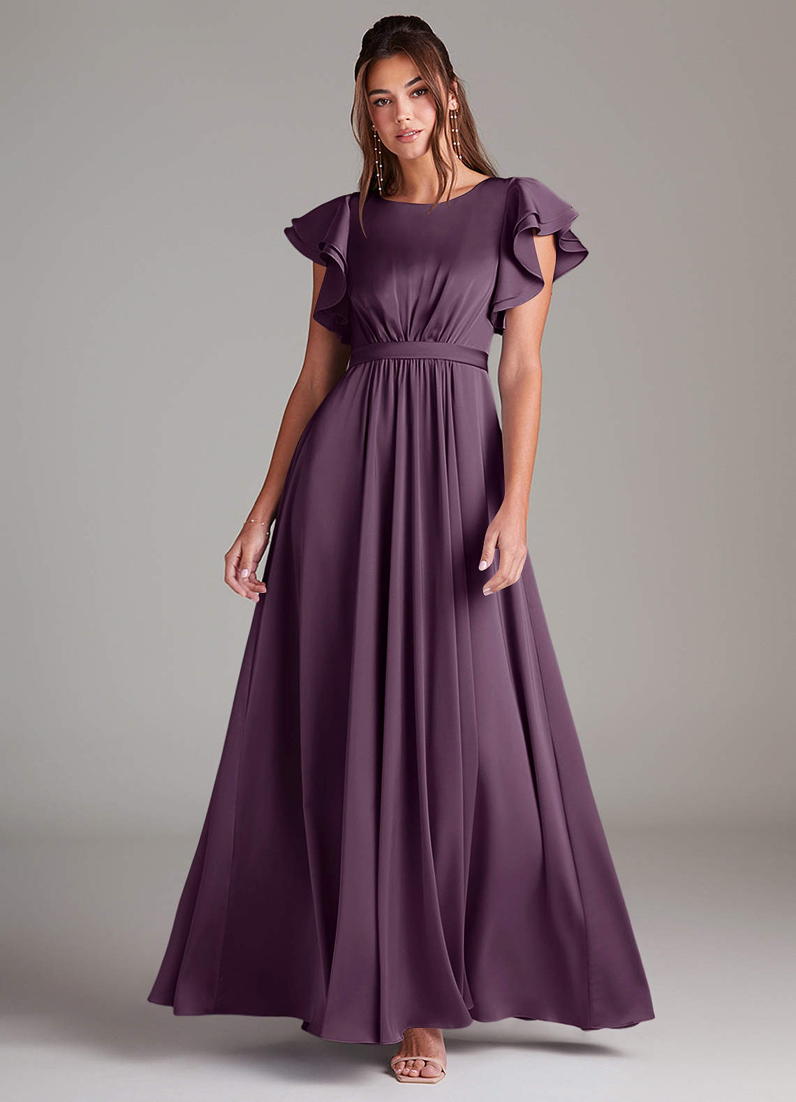 Azazie Daphne Robes de demoiselle d'honneur modestes Robe Trapèze Rayé Longueur ras du sol Satin extensible image1