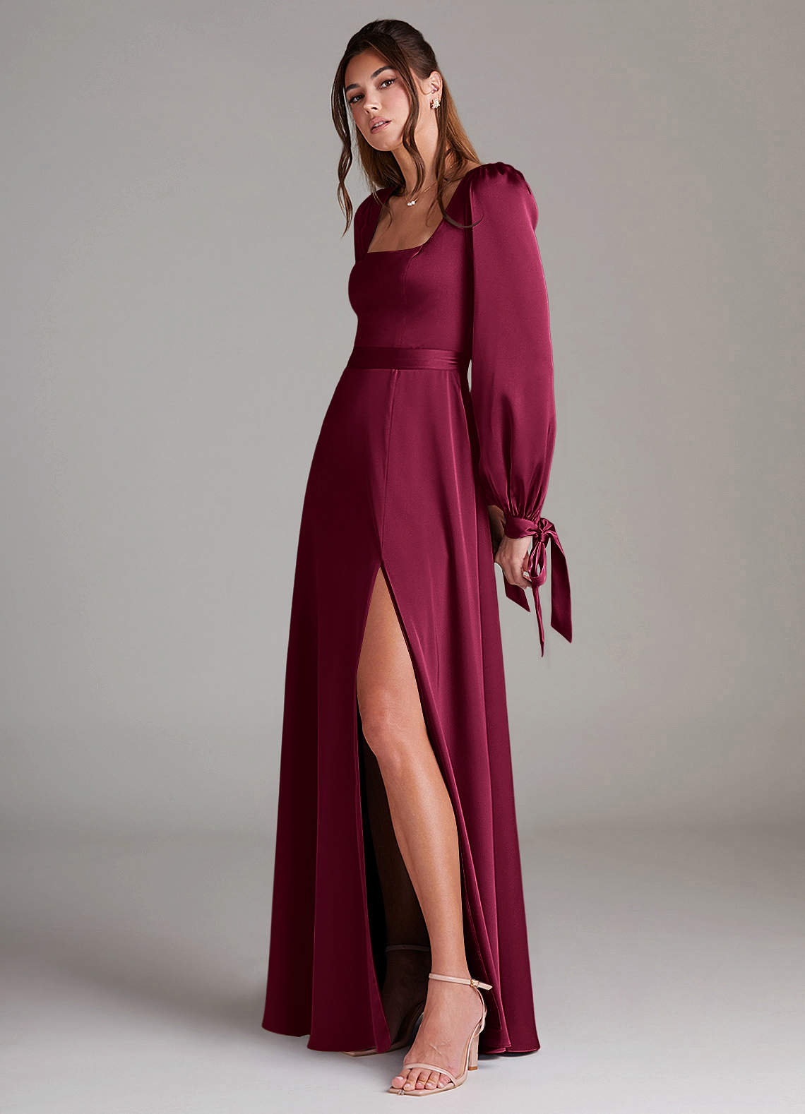 burgundy dress with long sleeves Dark Puffy Sleeve Satin Ball Gown versatile neckline is to choose the depth of the V that best fits your bust size Burgundy long sleeve deep v-neck