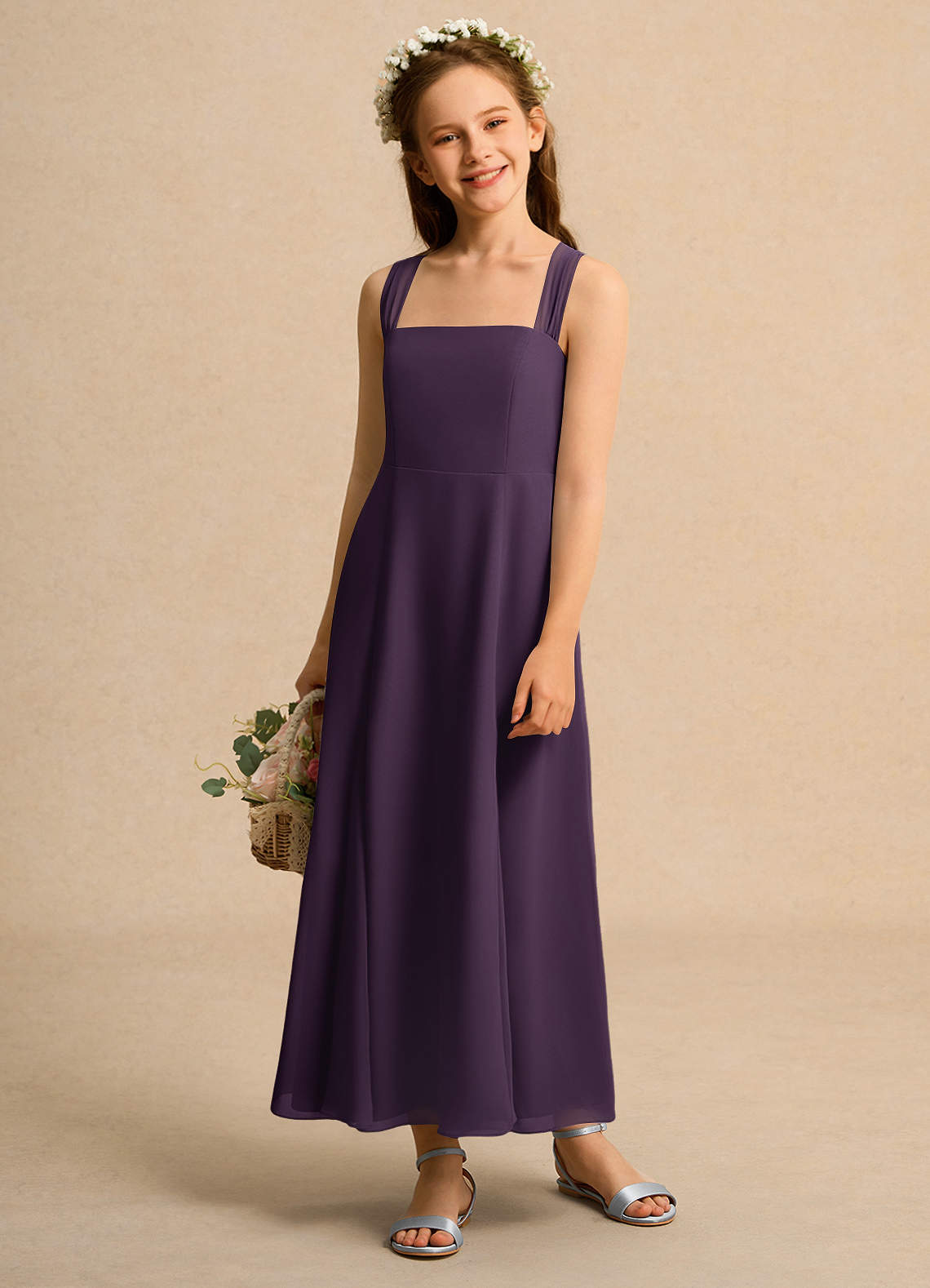 Azazie Tater Junior Formal vestidos de niña de las flores Vestido de Ciruela de Gasa de Corte En A con Plisado image1