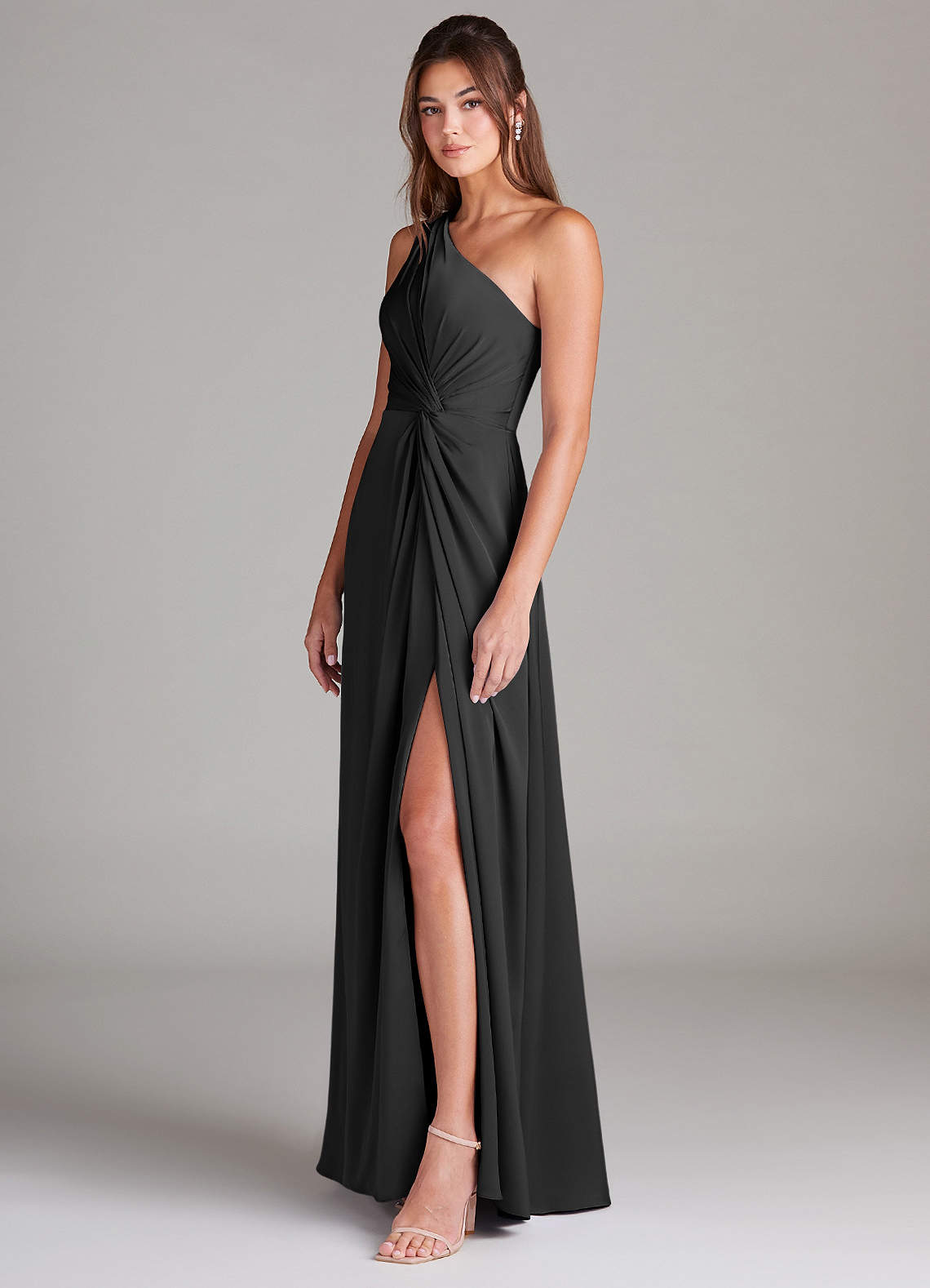 Azazie Brooke Bridesmaid Dresses Black A-Line One Shoulder Stretch Satin Dress image4