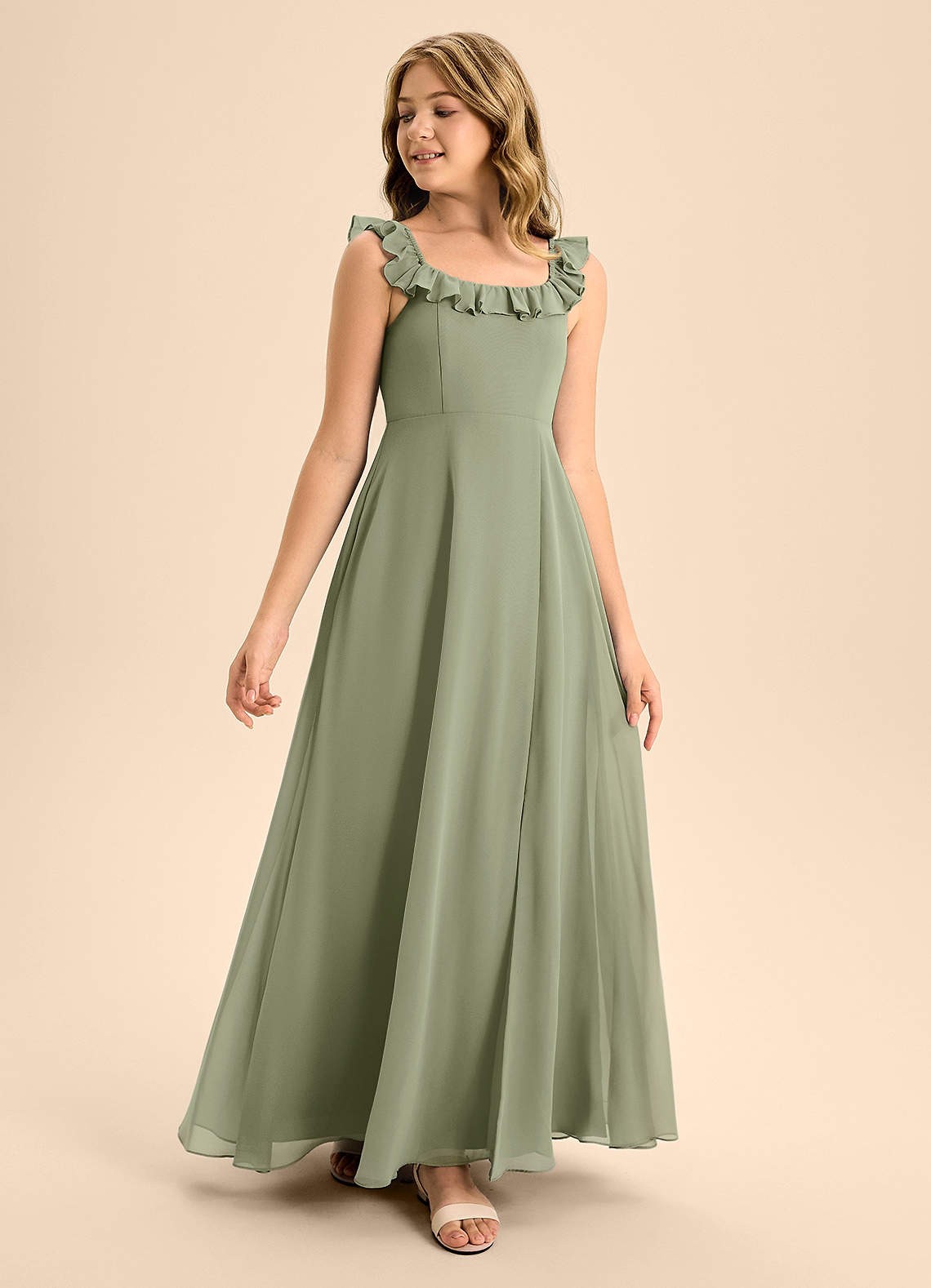 Azazie Callie Junior Pistachio A-Line Ruched Chiffon Dress image1