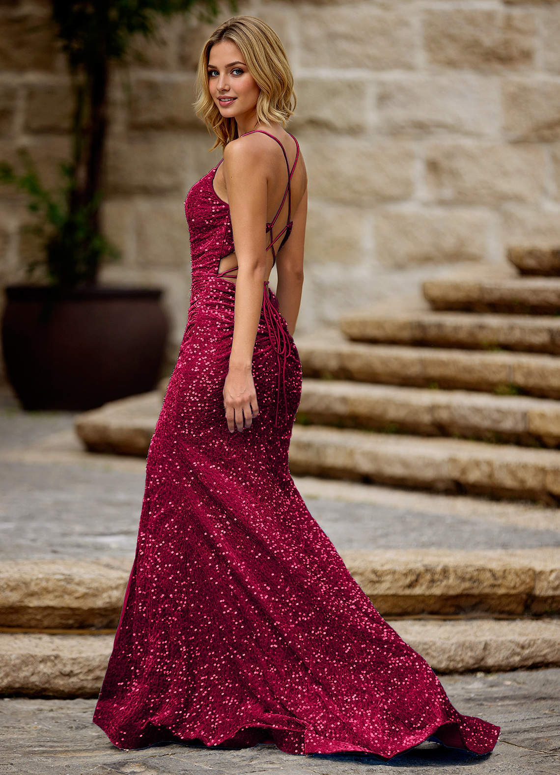 Luxey Burgundy Velvet Sequins Prom Dress