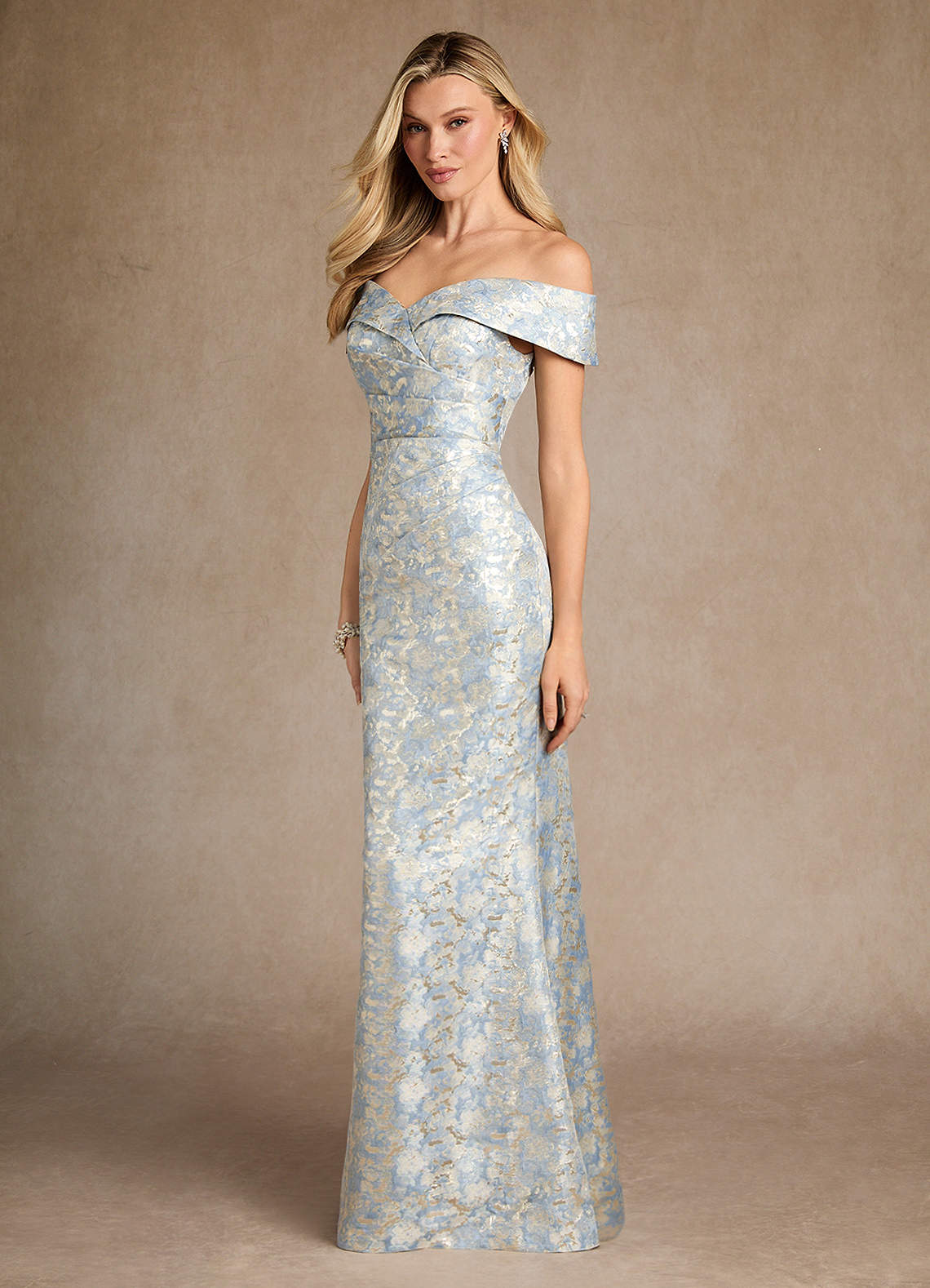 Azazie Canton Mother of the Bride Dresses Dusty Blue Mermaid Off the Shoulder Jacquard Dress image1