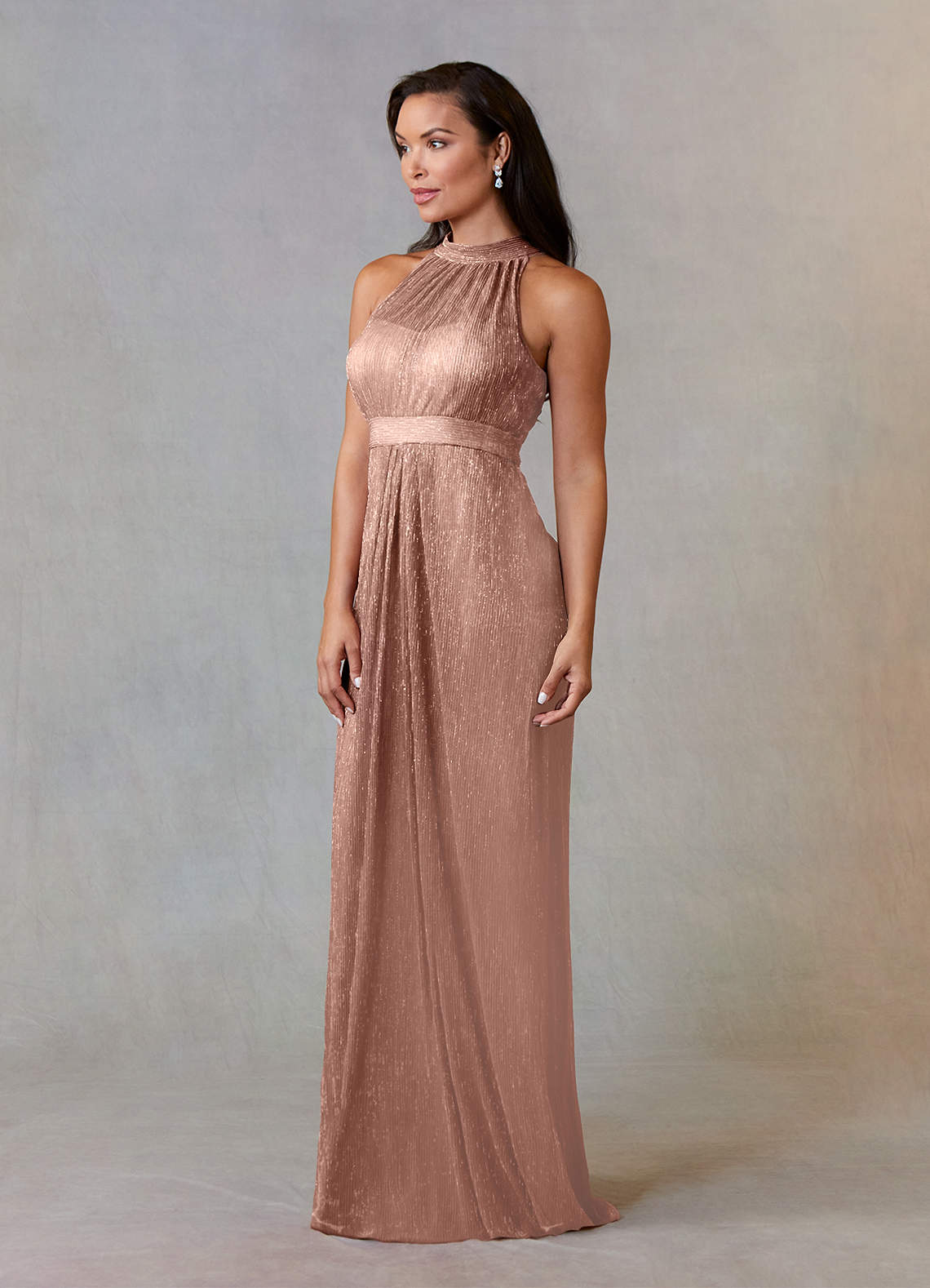 Upstudio Brea Mother of the Bride Dresses Rose Gold A-Line Halter Pleated Metallic Mesh Dress image2