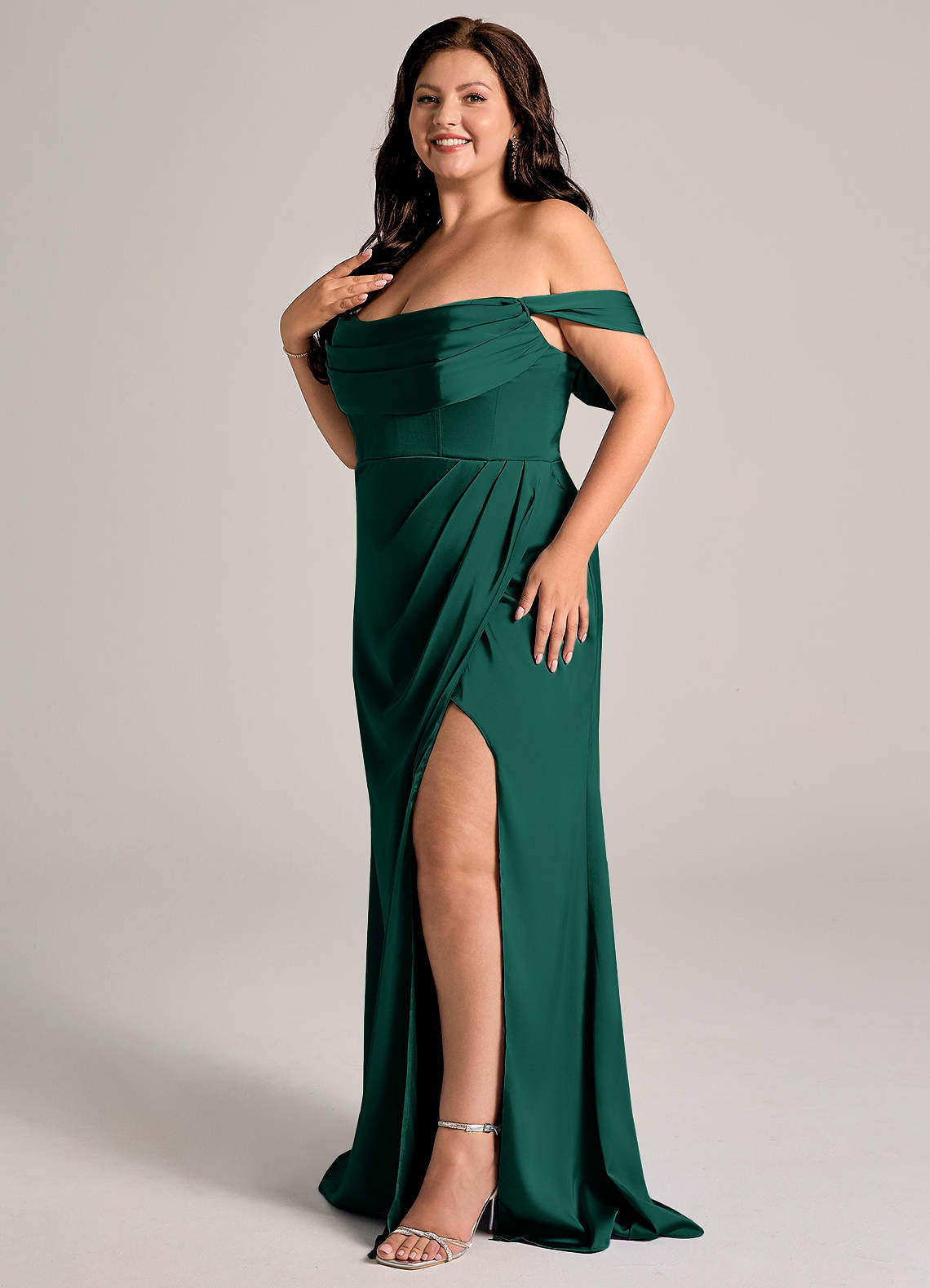 Azazie Johana Bridesmaid Dresses Emerald Mermaid Off the Shoulder Stretch Satin Convertible Dress image9