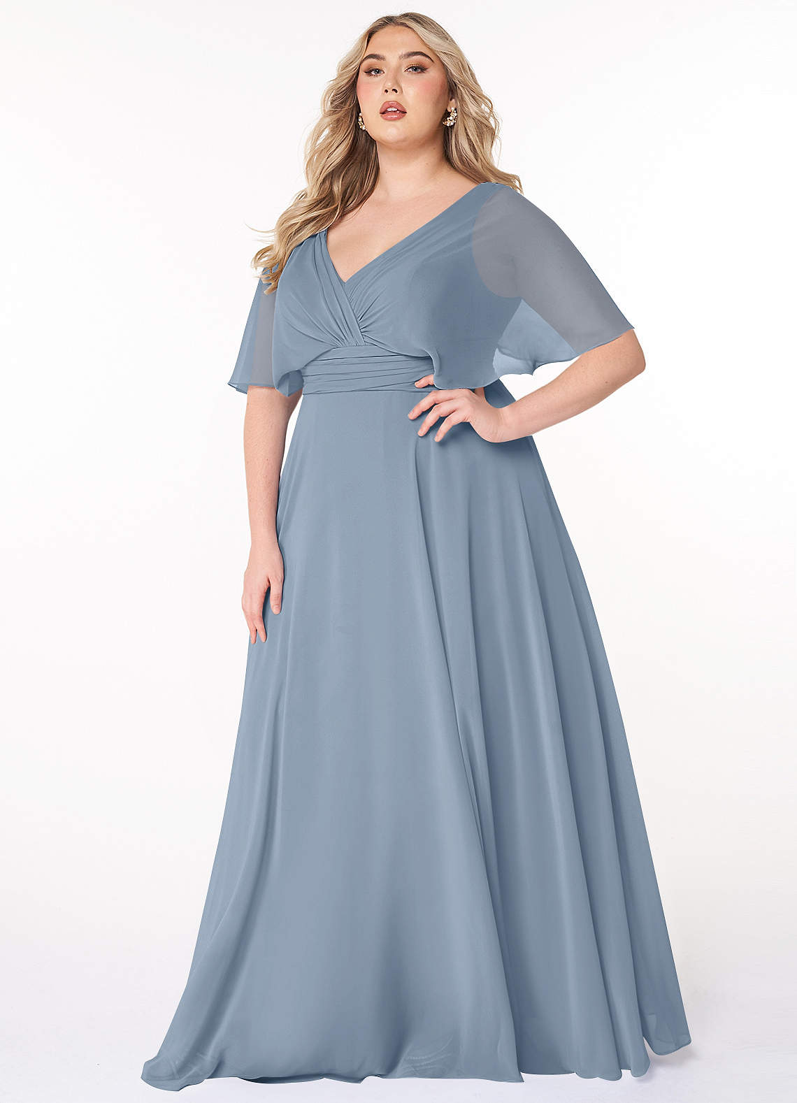 Azazie Pamela Bridesmaid Dresses Dusty Blue A-Line V-Neck Pleated Chiffon Dress image1