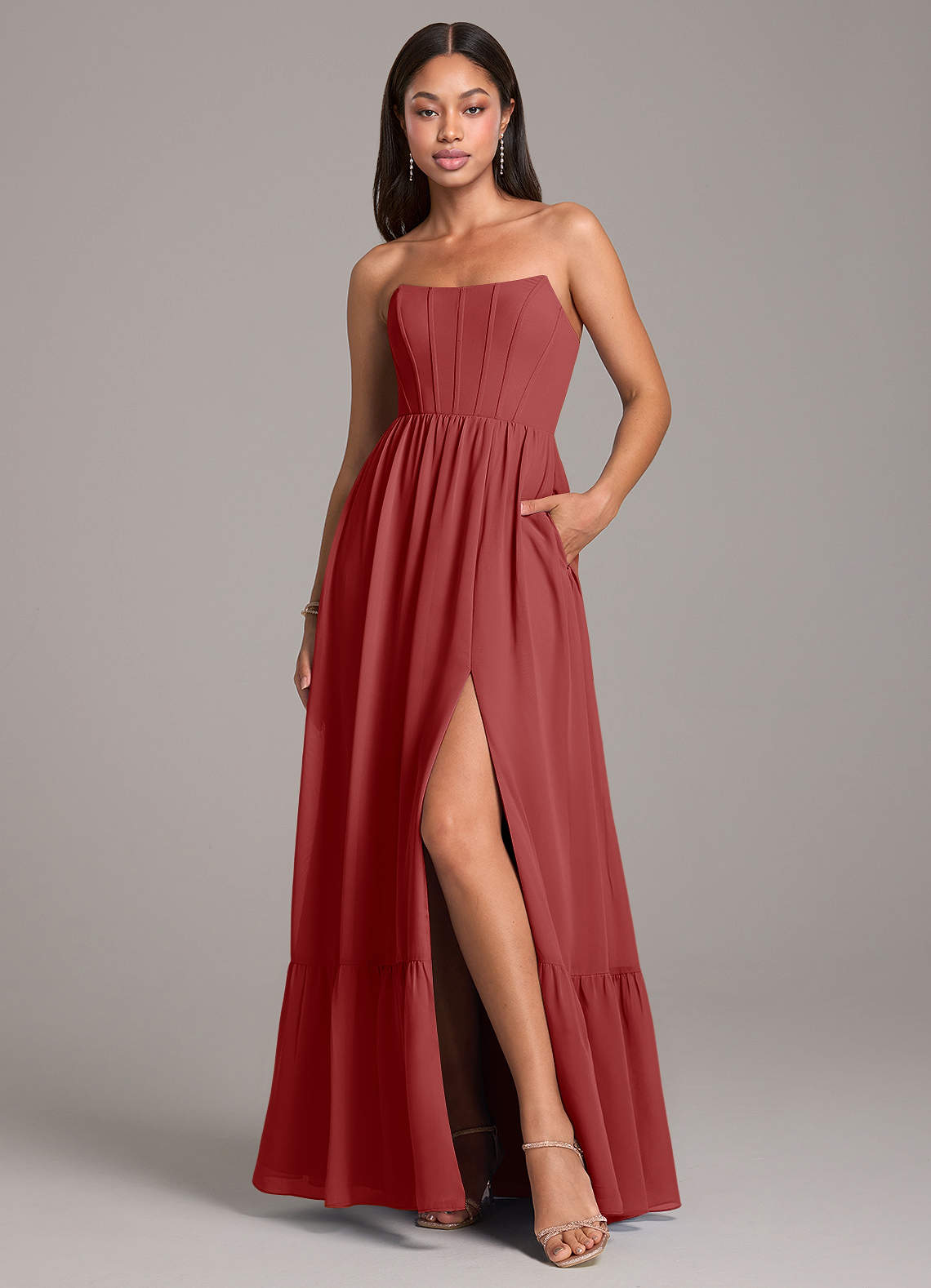 Azazie Kailee Robes de demoiselle d'honneur Robe Trapèze en Mousseline de soie avec poches Rouille image1