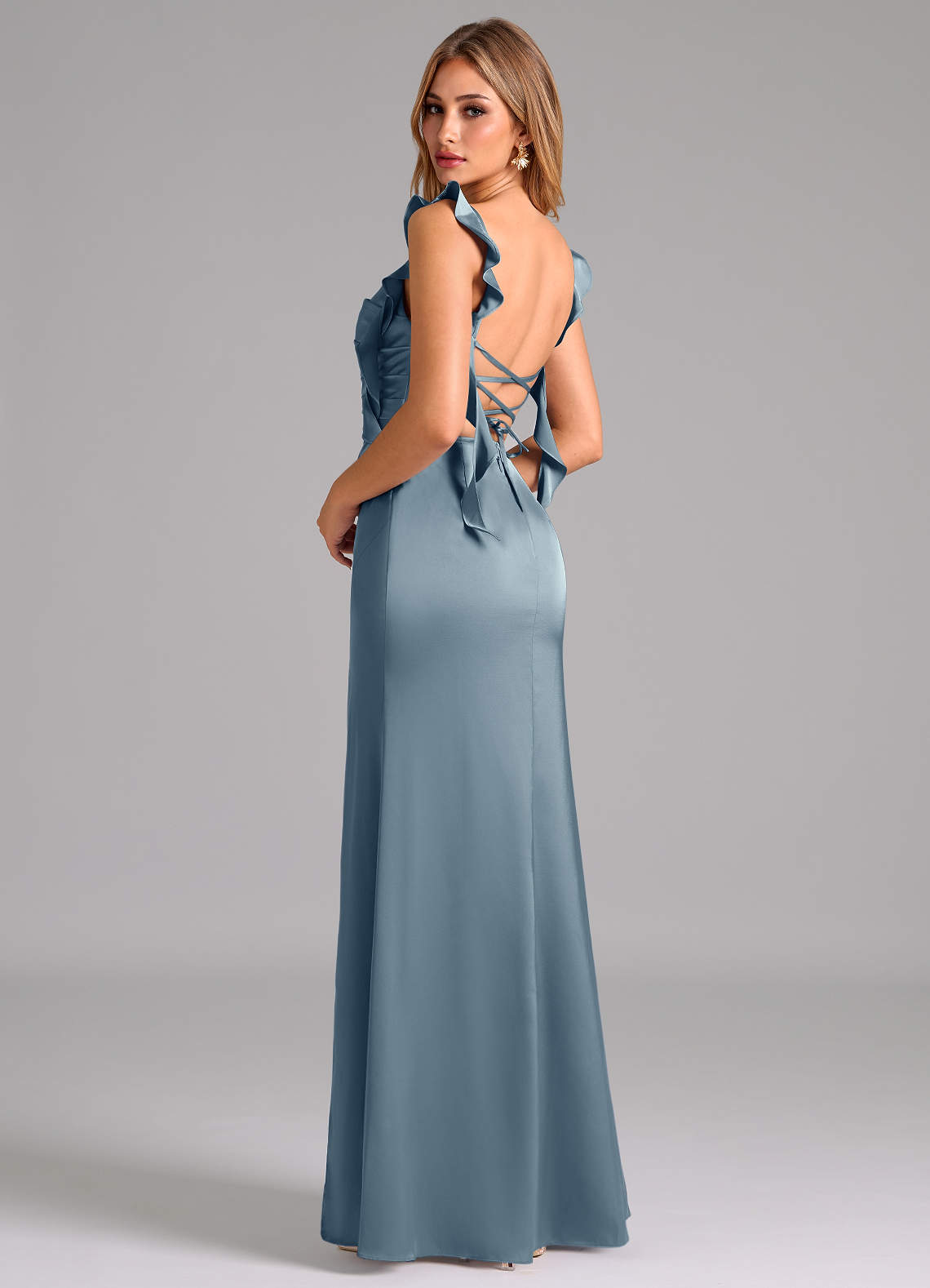 Azazie Jessamine Dusty Blue Stretch Satin Bridesmaid Dresses | Azazie