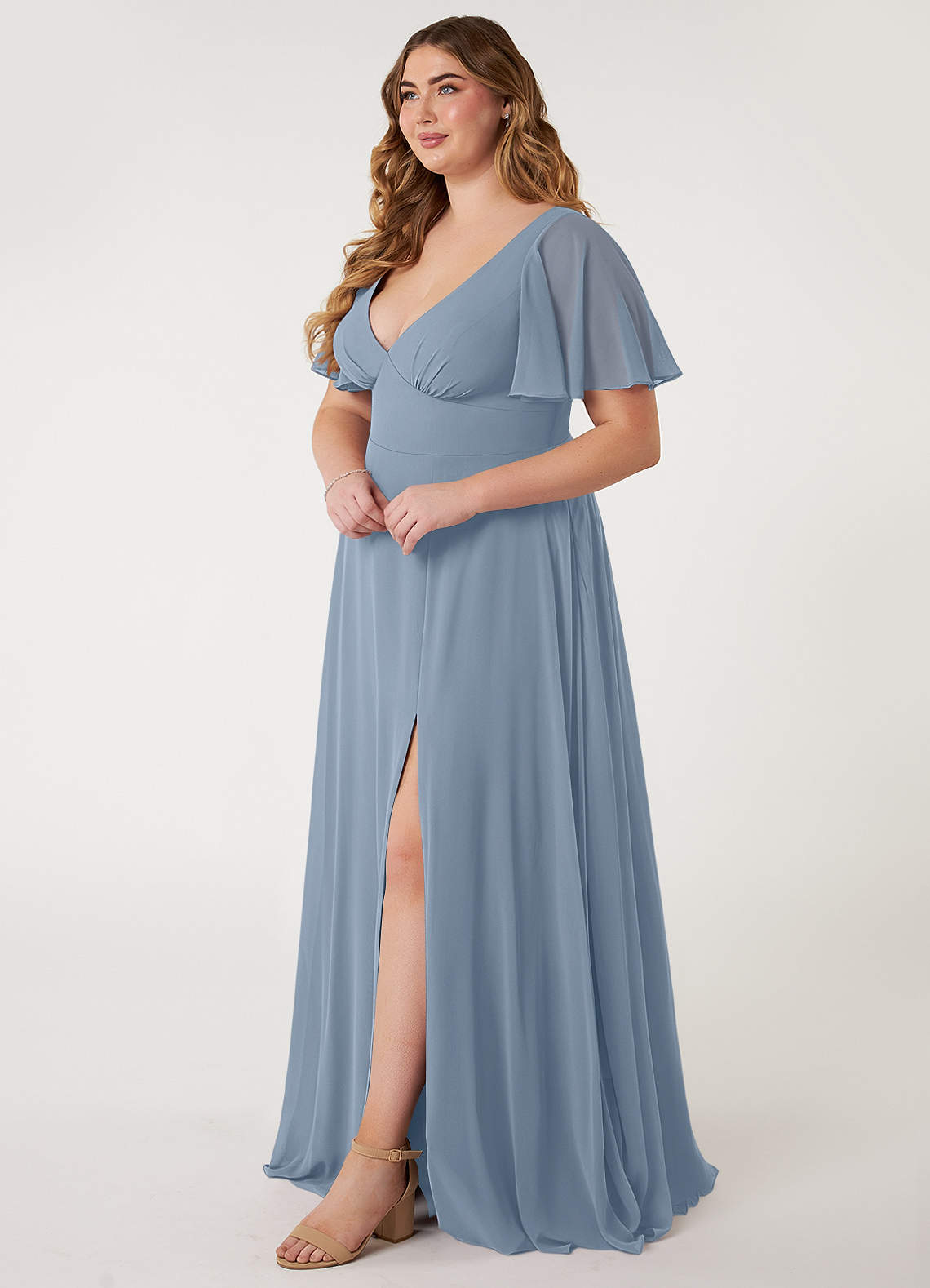 Azazie Kimber Bridesmaid Dresses Dusty Blue A-Line Flounce Sleeve Chiffon Dress image1