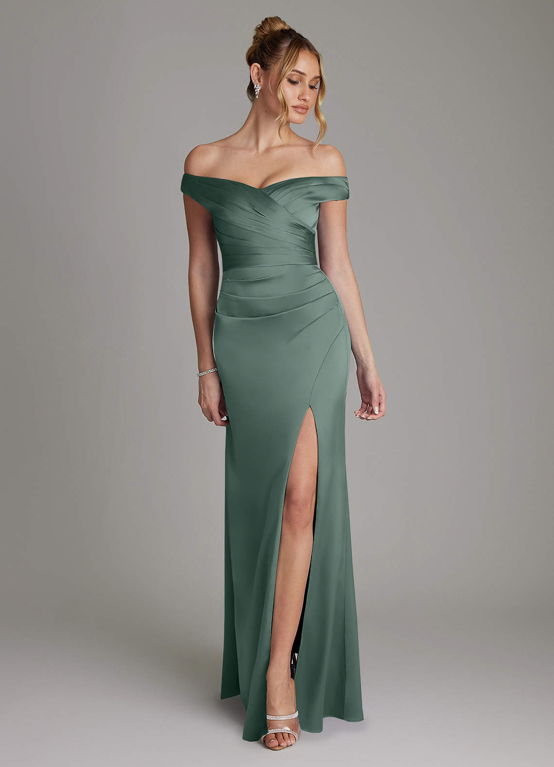 sea moss bridesmaid dresses Azazie Teyana Sea Moss Stretch Satin Bridesmaid Dresses