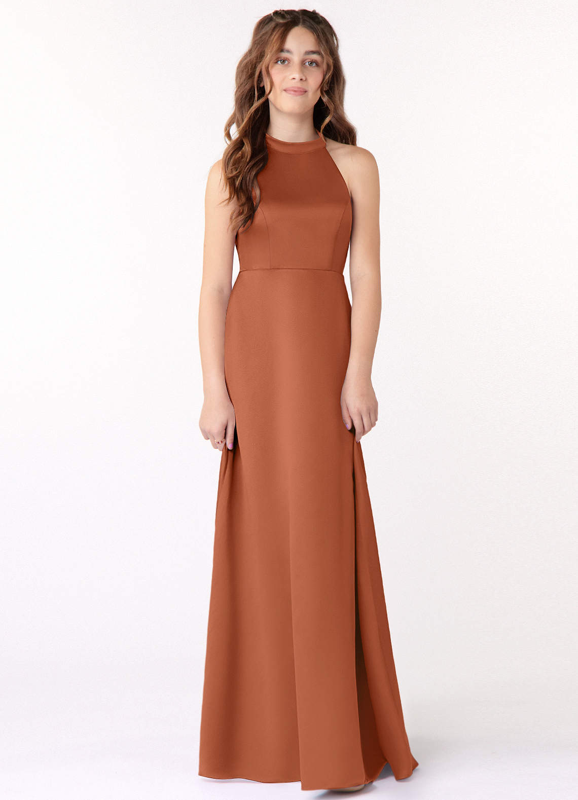 Azazie Laurel Junior Cedar Rose A-Line Stretch Satin Dress image1