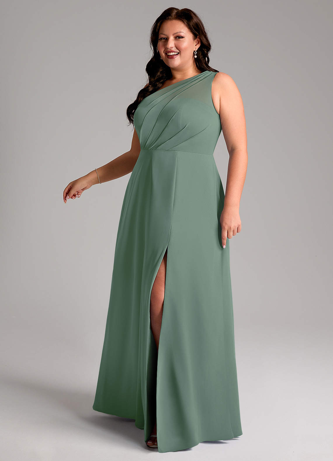 Azazie Phaedra Bridesmaid Dresses Eucalyptus A-Line One Shoulder Chiffon Dress image11
