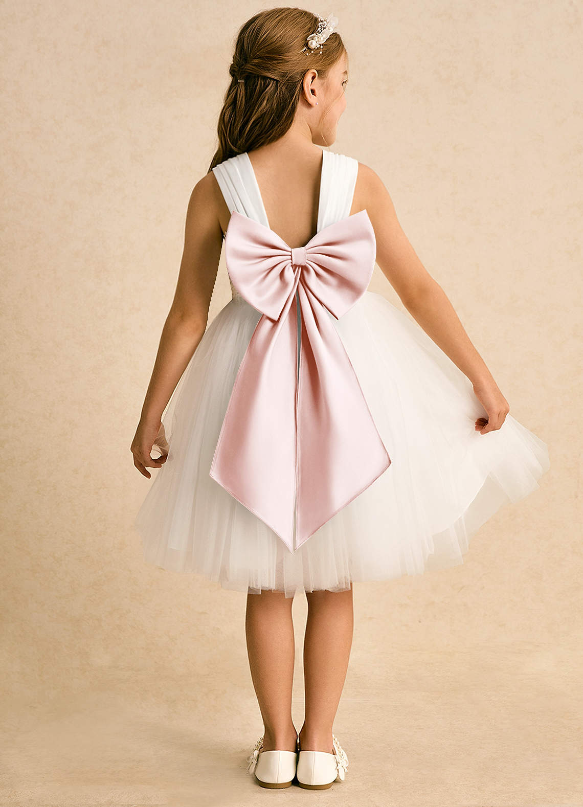 Azazie Dimple Flower Girl Dresses Ivory Blushing Pink Ball-Gown Lace Tulle Dress image1