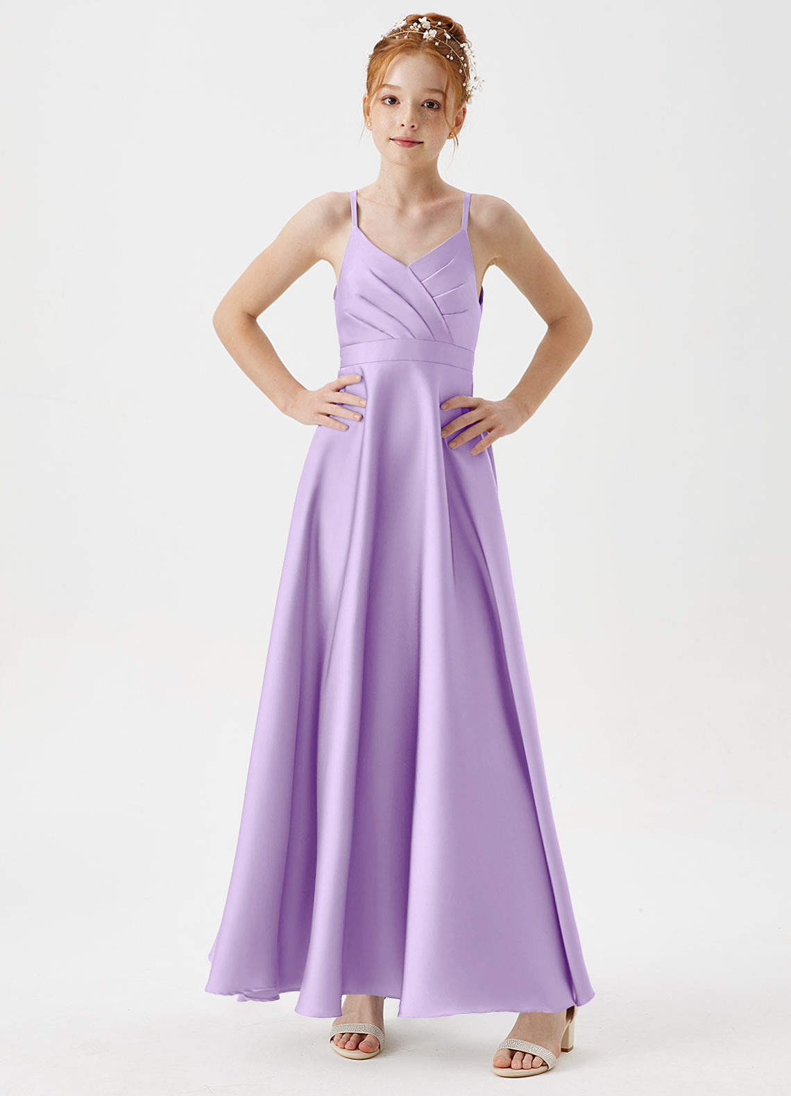 Azazie Avelina Junior Vestido de Lila de Satén Elástico de Corte en A con Plisado image2
