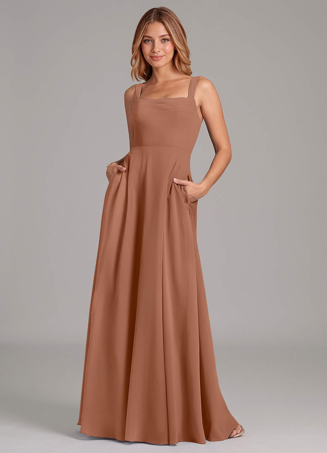 Azazie Shaude Brautjungfernkleider A-Linie Plissee Chiffon Kleid Bronzer image1
