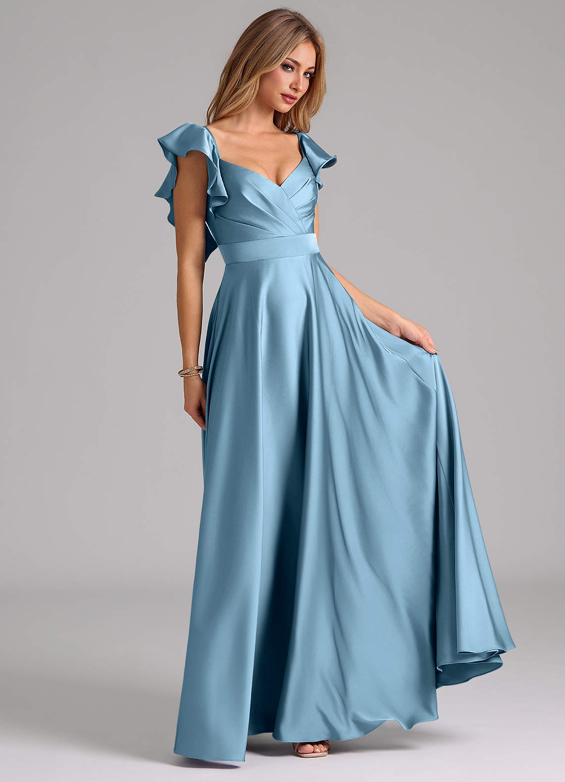 Azazie Leilani Abiti da Damigella Abito A-Line in Raso Elasticizzato Increspato Blu Acciaio image3