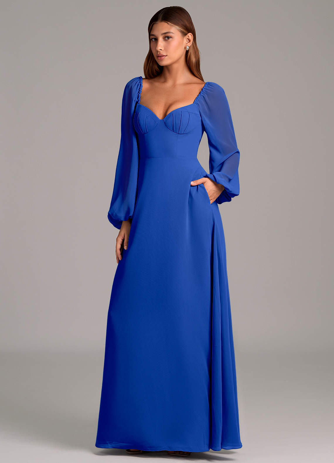 Azazie Annistyn 신부 들러리 드레스 A라인 긴팔 쉬폰 바닥 길이 드레스 image1