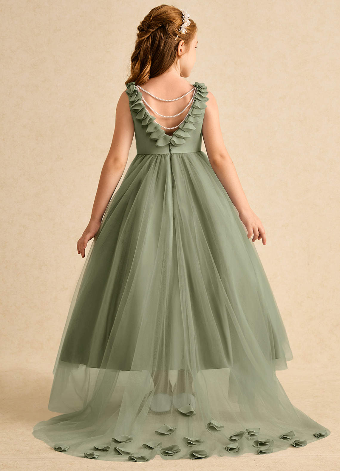 Azazie Lorita Flower Girl Dresses Pistachio A-Line Beaded Tulle Dress image1