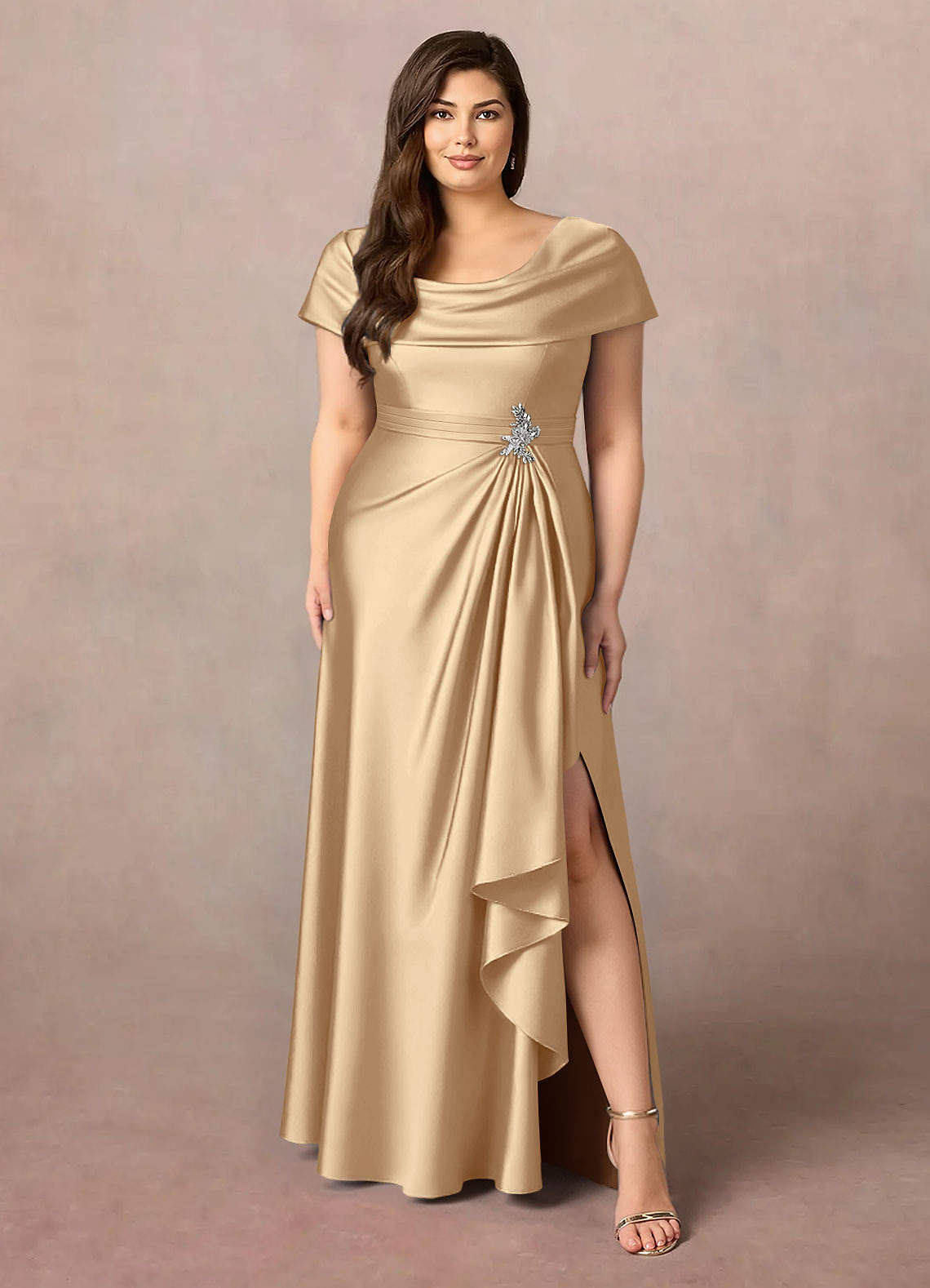 Azazie Branford Mother of the Bride Dresses Champagne A-Line Pleated Stretch Satin Dress image1