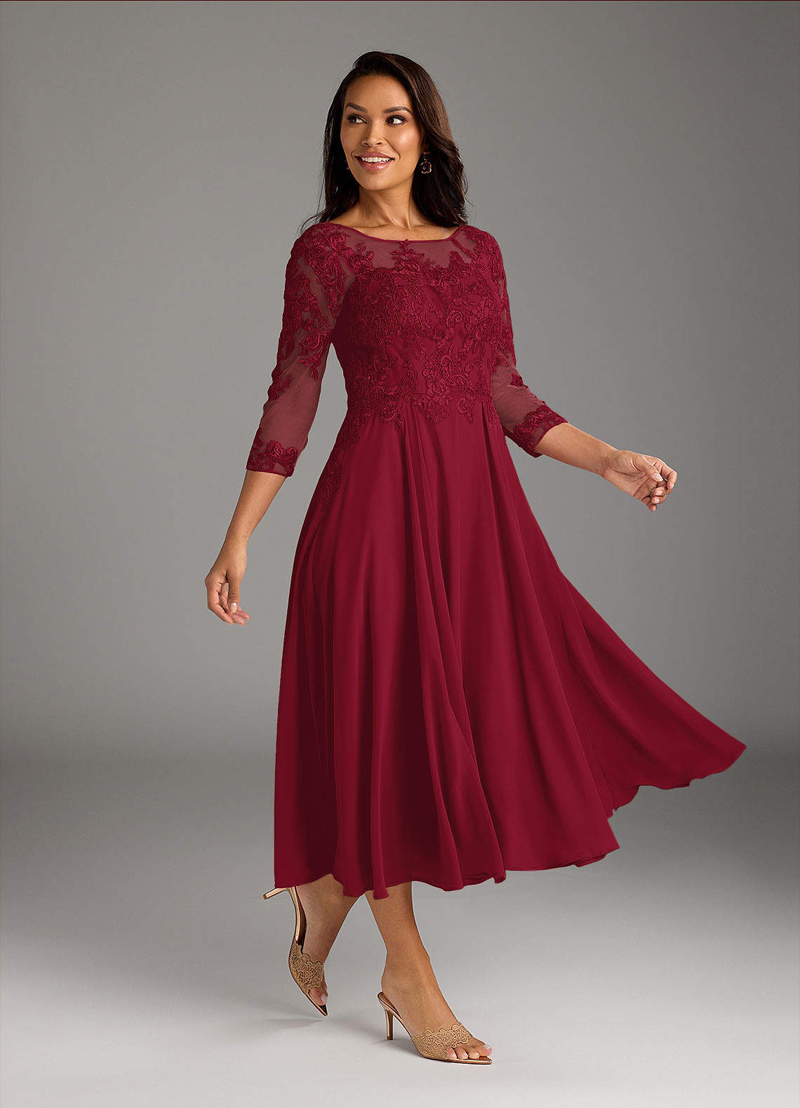tea length burgundy mother of the bride dresses A-Line/Princess V-Neck 3/4 Sleeves Floor Length Mother of the Bride Dresses With Appliques & Beading Cabernet