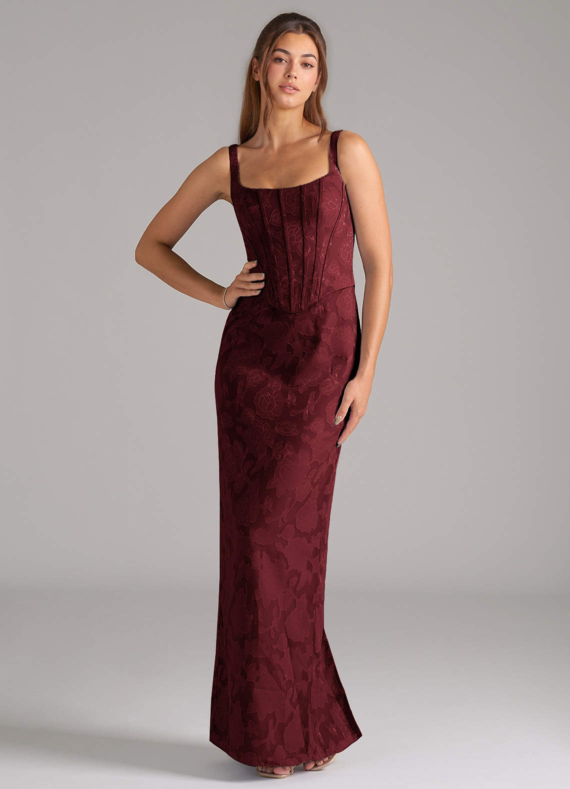 Azazie Kenna Bridesmaid Dresses Cabernet Sheath Side Slit Floral Burnout Dress image1